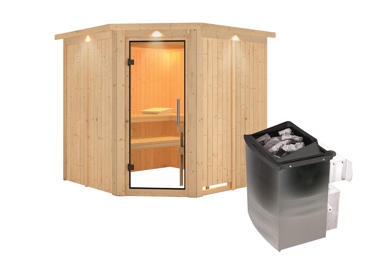 Bild von Karibu Sauna Jarin mit Eckeinstieg 68 mm - 9 kW Ofen integr. Steuerung-Inkl. Dachkranz-Klarglas Ganzglastür inkl. 8-teiligem gratis Zubehörpaket (Gesamtwert 191,92€)