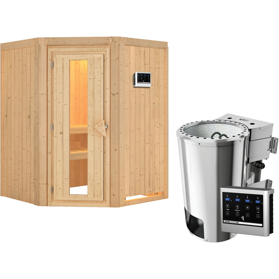 Bild von Karibu Sauna Nanja, 3,6 kW Ofen, Plug&Play ext. Strg. Easy Bio, Holztür mit Isolierglas,Klarglas,ohne Dachkranz