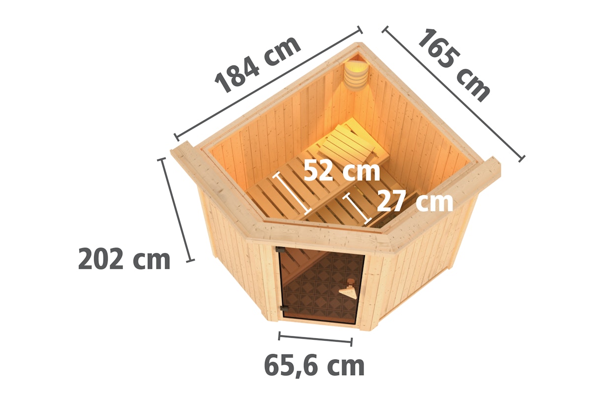 Bild von Karibu Sauna Tonja - 68 mm Systemsauna - 230 Volt Plug & Play-3,6kW Plug&Play Bio-Kombiofen externer Steuerung Easy-Inkl. Dachkranz-Ganzglastür in Graphit-Optik inkl. 8-teiligem gratis Zubehörpaket (Gesamtwert 191,92€)
