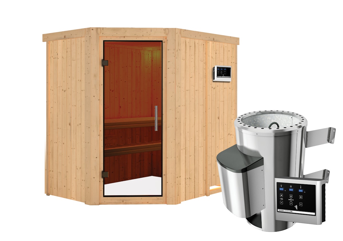 Bild von Karibu Sauna Saja - 68 mm Systemsauna - 230 Volt Plug & Play-3,6 kW Plug&Play Ofen mit ext. Steuerung Easy-Ohne Dachkranz-Ganzglastür in Graphit-Optik inkl. 8-teiligem gratis Zubehörpaket (Gesamtwert 191,92€)