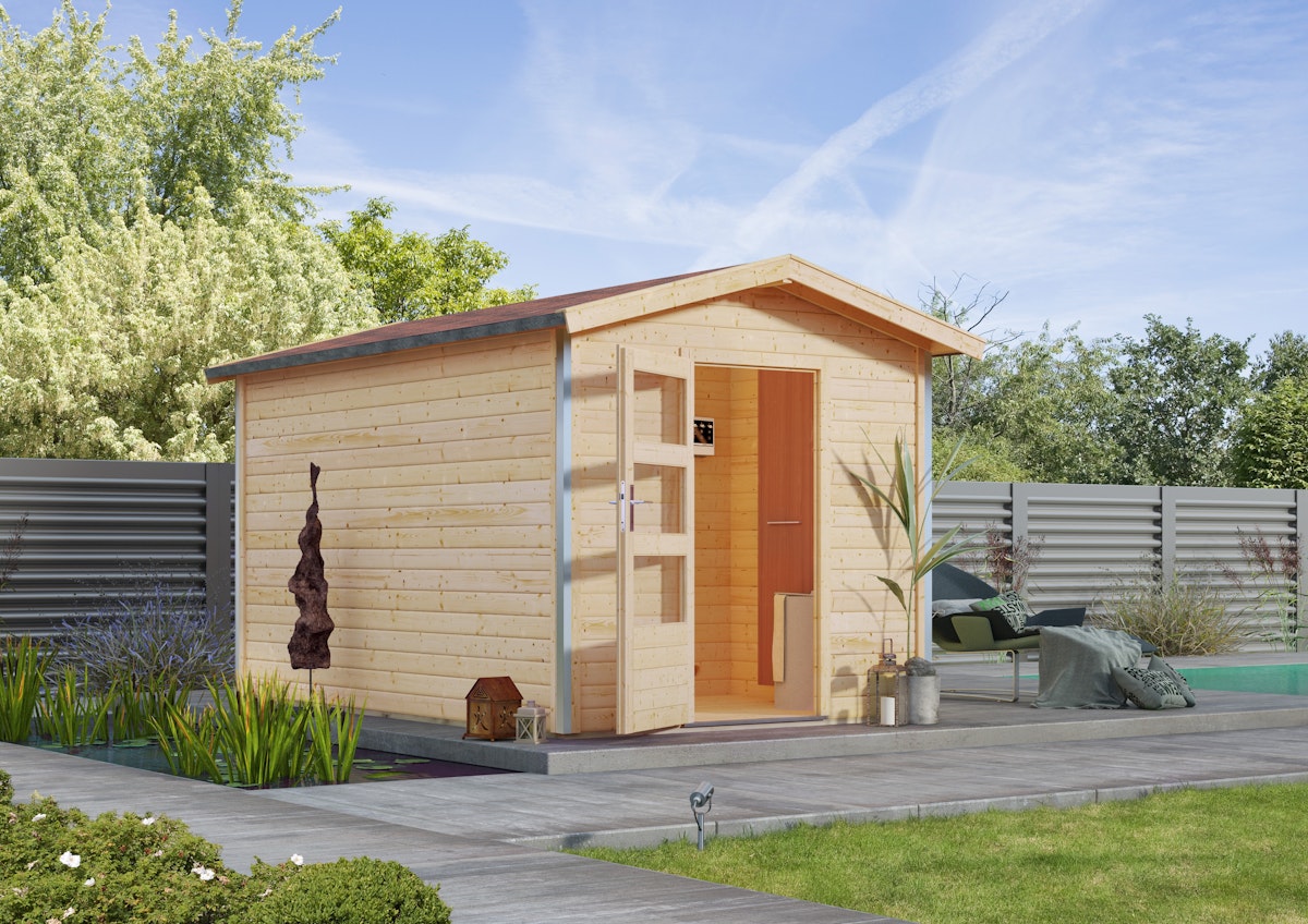 Bild von Karibu Bosse 1 - 38 mm Gartensauna mit Vorraum und Satteldach-Ohne Ofen-Moderne Saunatür (Klarglas) inkl. 8-teiligem gratis Zubehörpaket (Gesamtwert 191,92€)