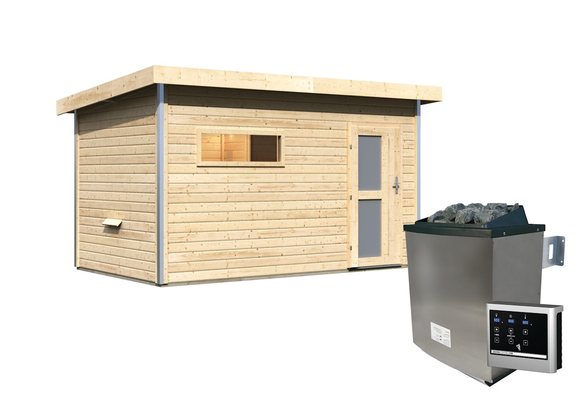 Bild von Karibu Saunahaus Skrollan 3 mit Vorraum naturbelassen-9 kW Ofen inkl. Steuergerät-Milchglas-Saunatür (blickdicht) inkl. 8-teiligem gratis Zubehörpaket (Gesamtwert 191,92€)