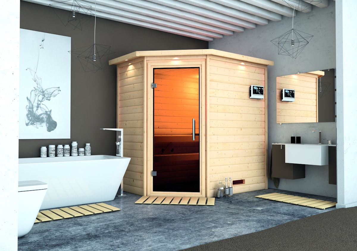 Bild von Karibu Woodfeeling Sauna Svea - 38 mm -Inkl. Dachkranz- Energiesparende Saunatür-9 kW Bio-Kombiofen inkl. Steuergerät inkl. 8-teiligem gratis Zubehörpaket (Gesamtwert 191,92€)