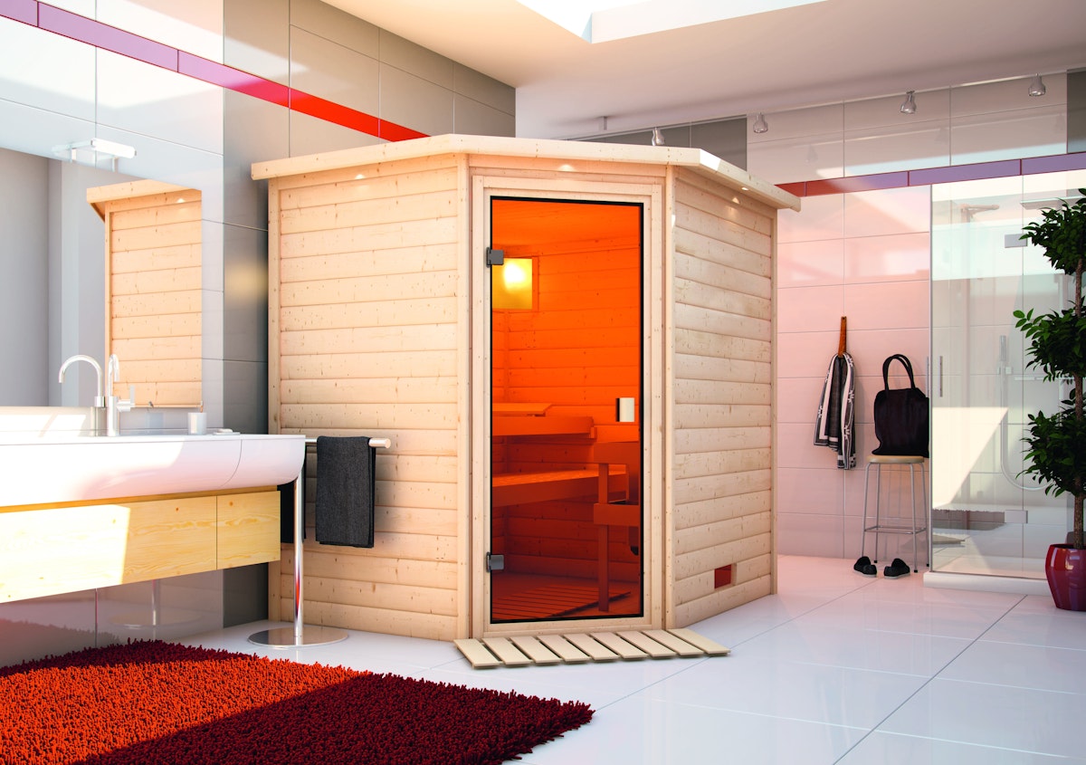 Bild von Karibu Woodfeeling Sauna Mia - 38 mm -Ohne Dachkranz-Ganzglastür in Graphit-Optik-9 kW Bio-Kombiofen inkl. Steuergerät inkl. 8-teiligem gratis Zubehörpaket (Gesamtwert 191,92€)