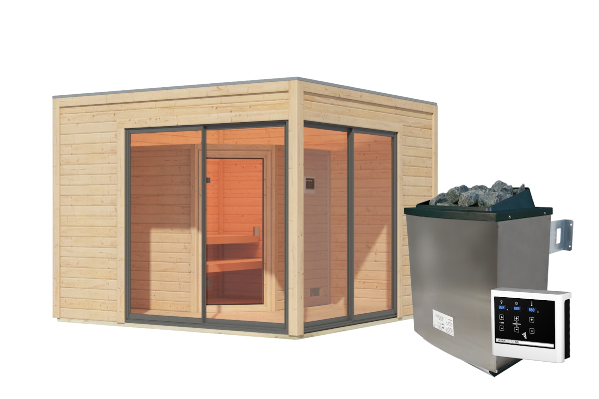 Bild von Karibu Design Saunahaus Terning 3 mit Vorraum - 38 mm naturbelassen Set A (Sauna B 2 x T 1,7 m mit 2 Liegen 57 cm) 9 kW Ofen inkl. Steuergerät inkl. 8-teiligem gratis Zubehörpaket (Gesamtwert 191,92€)