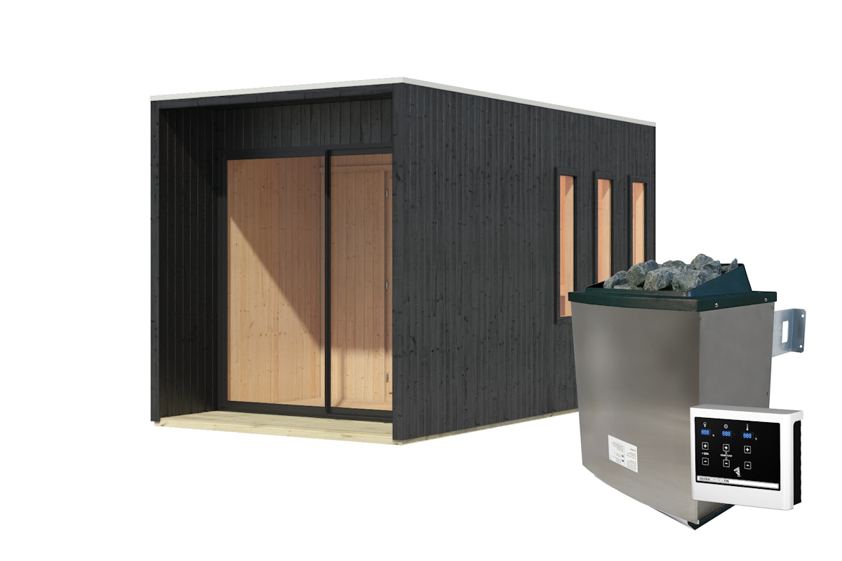 Bild von Karibu Design Saunahaus Miramar mit Vorraum - 73 mm schwarz Inkl. Terrasse 9 kW Ofen inkl. Steuergerät inkl. 8-teiligem gratis Zubehörpaket (Gesamtwert 191,92€)