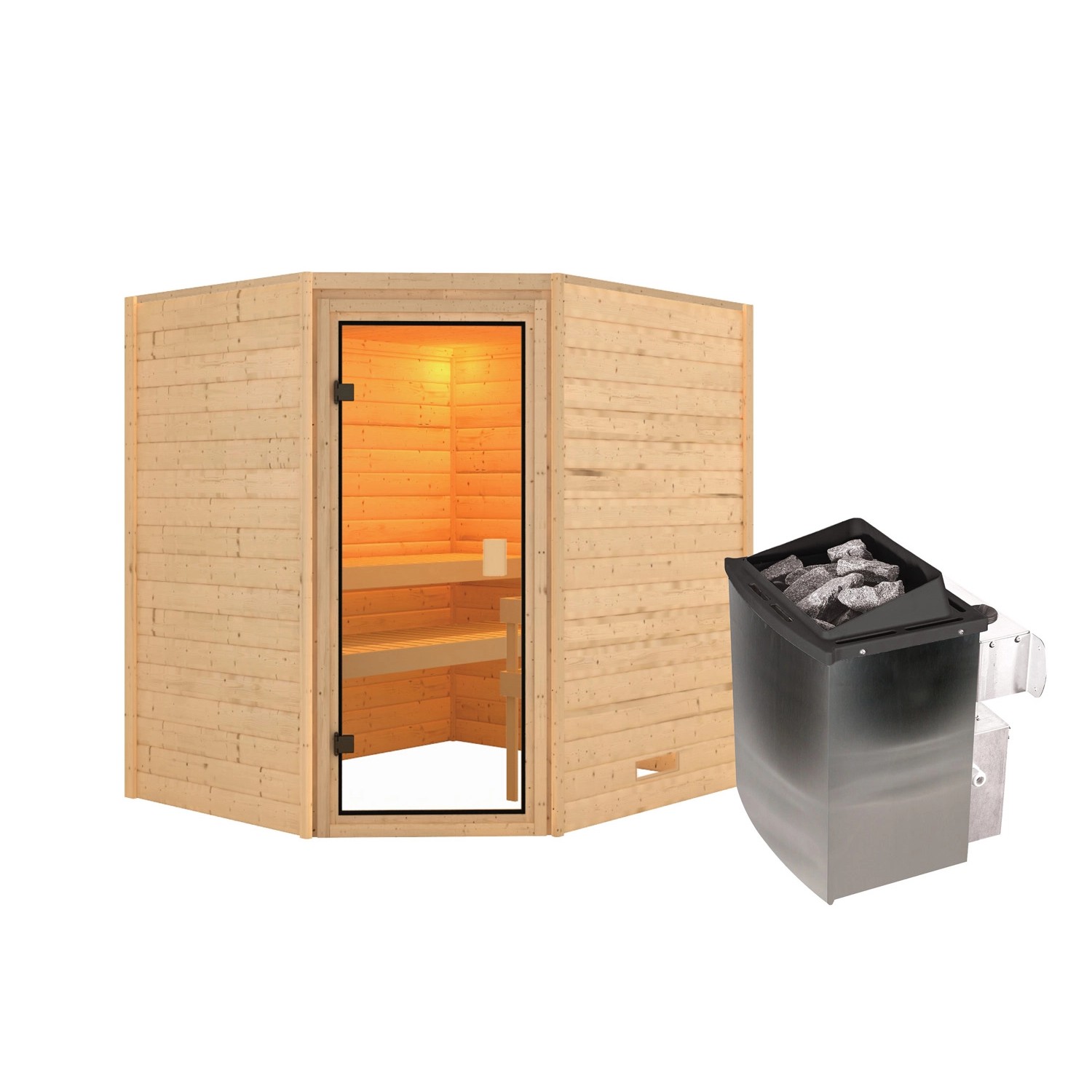 Bild von Karibu Sauna Elea Set Naturbelassen mit Ofen 9 kW integr. Steuerung