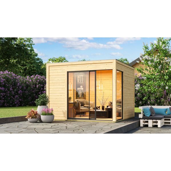 Bild von Karibu Gartenhaus Gartenhaus Frisco naturbelassen mit modernem Flachdach 308x308x242 cm, BxT: 308x308 cm, (1 Stück), Aluminium Schiebetür mit beweglichen Flügeln
