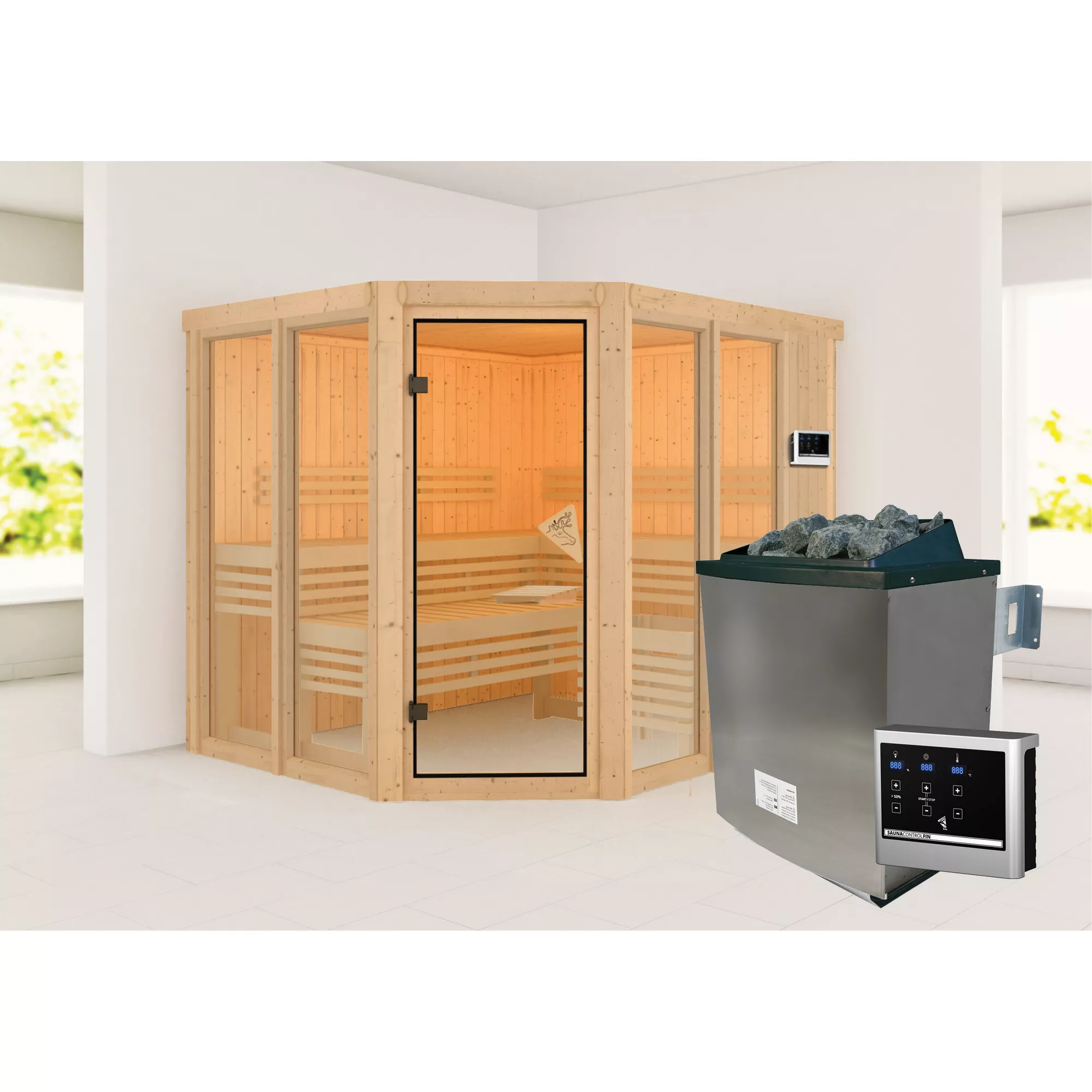 Bild von Karibu Sauna 'Ariadna 3' naturbelassen mit bronzierter Tür 9 kW Ofen externe Steuerung 231 x 196 x 198 cm