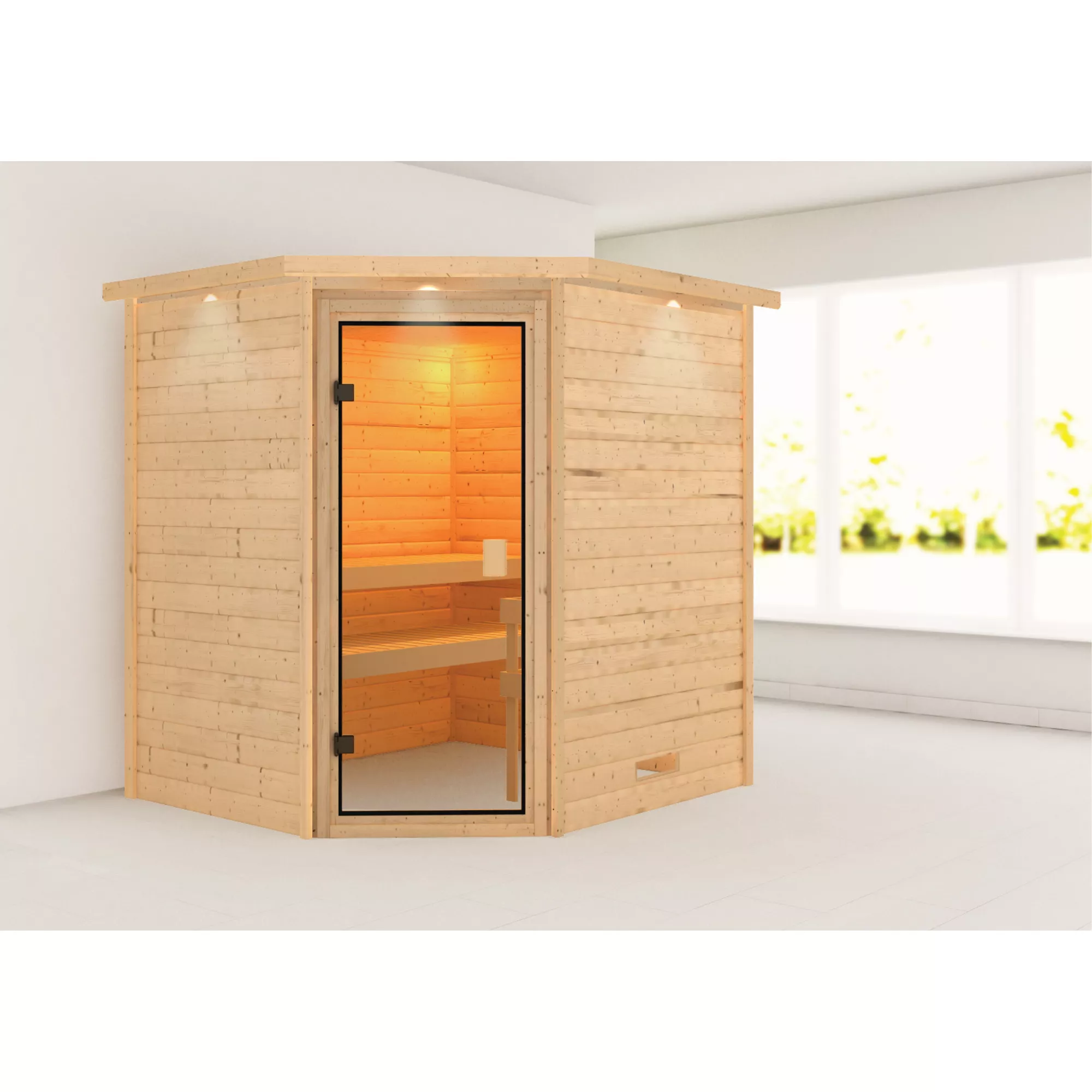 Bild von Karibu Massivholzsauna 'Elena' naturbelassen mit Kranz und bronzierter Tür 223 x 183 x 191 cm
