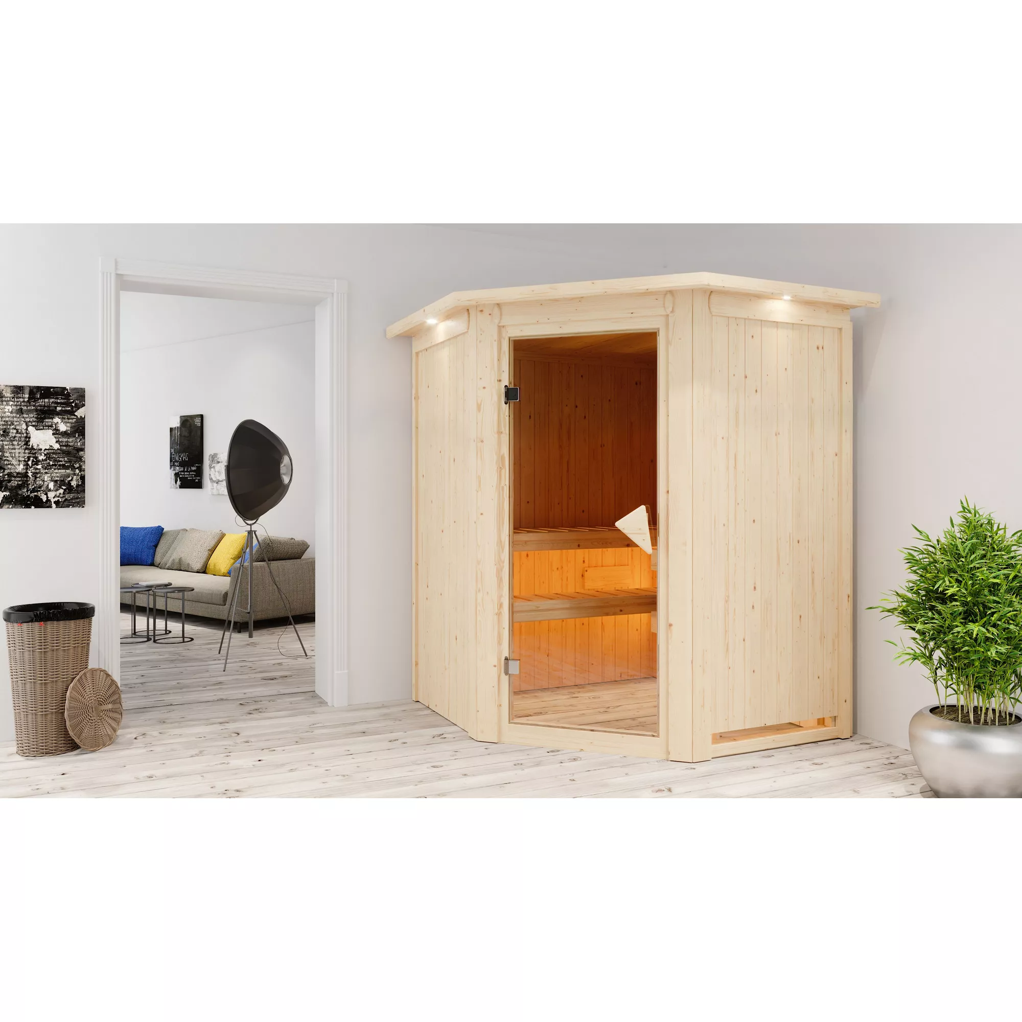 Bild von Karibu Elementsauna 'Adora' naturbelassen mit Kranz 9 kW Bio-Ofen externe Steuerung Easy 165 x 165 x 202 cm