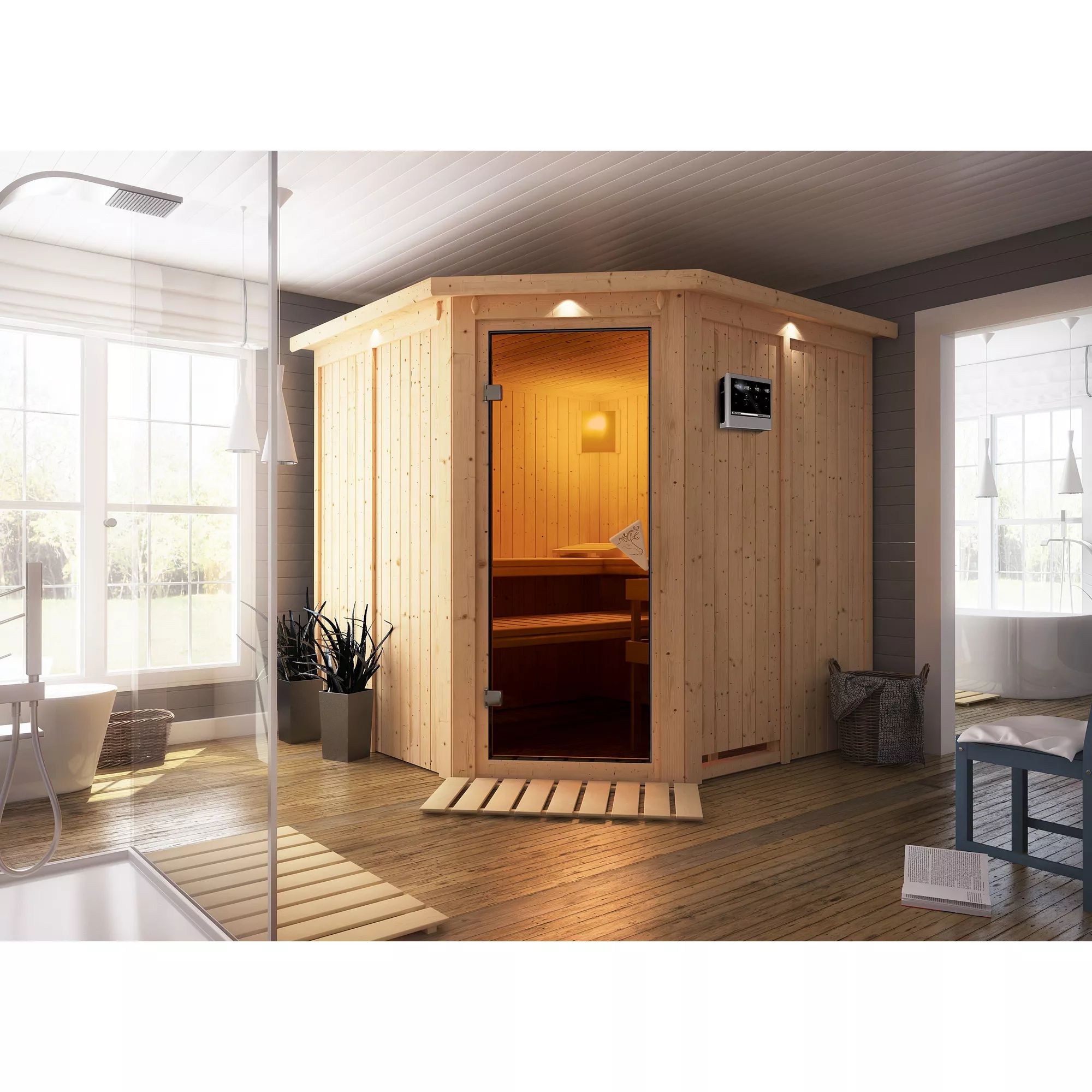 Bild von Karibu Elementsauna 'Alicia' naturbelassen mit Kranz 9 kW Bio-Ofen externe Steuerung Easy 210 x 210 x 202 cm