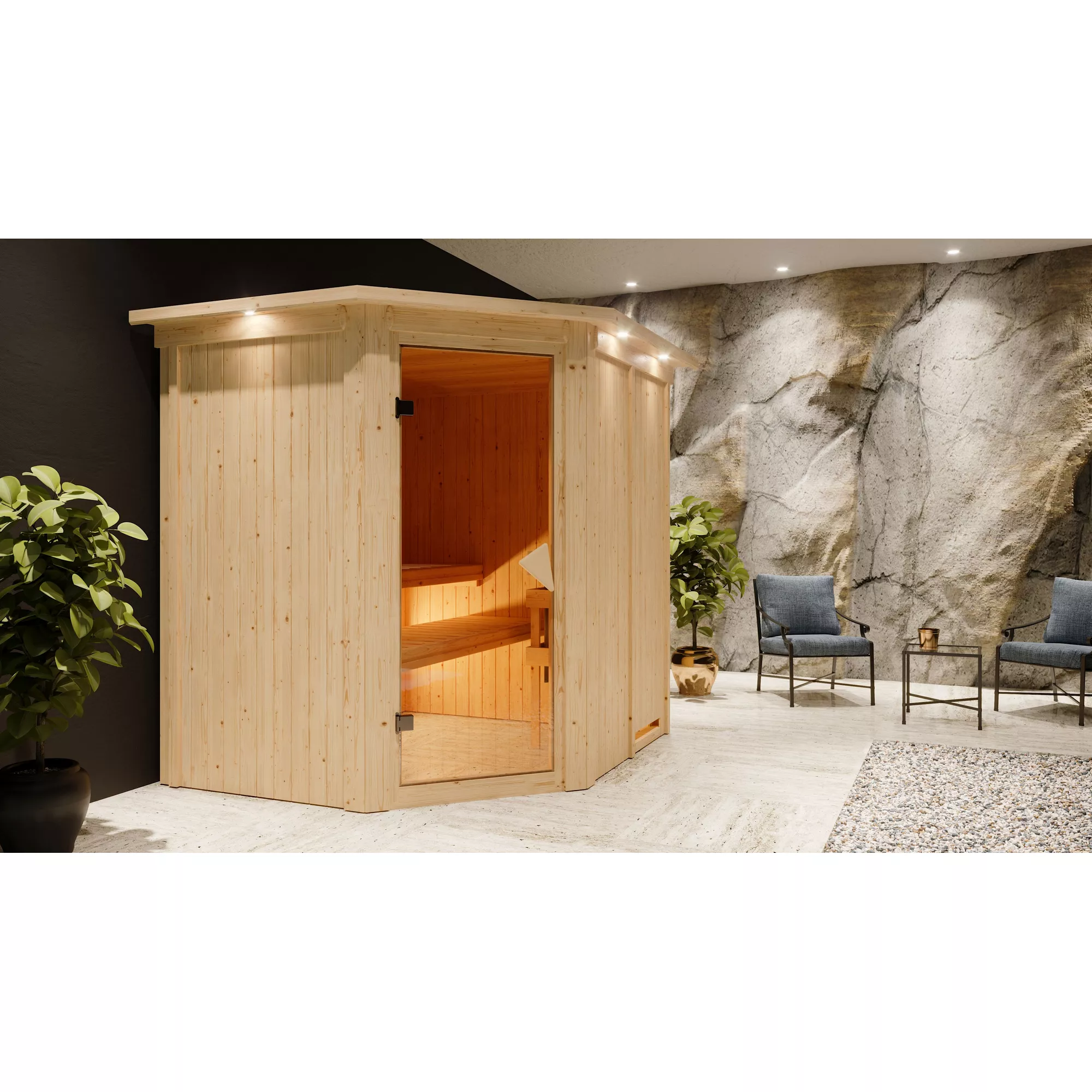 Bild von Karibu Elementsauna 'Alena' naturbelassen mit Kranz 9 kW Ofen Edelstahl externe Steuerung Easy 210 x 184 x 202 cm
