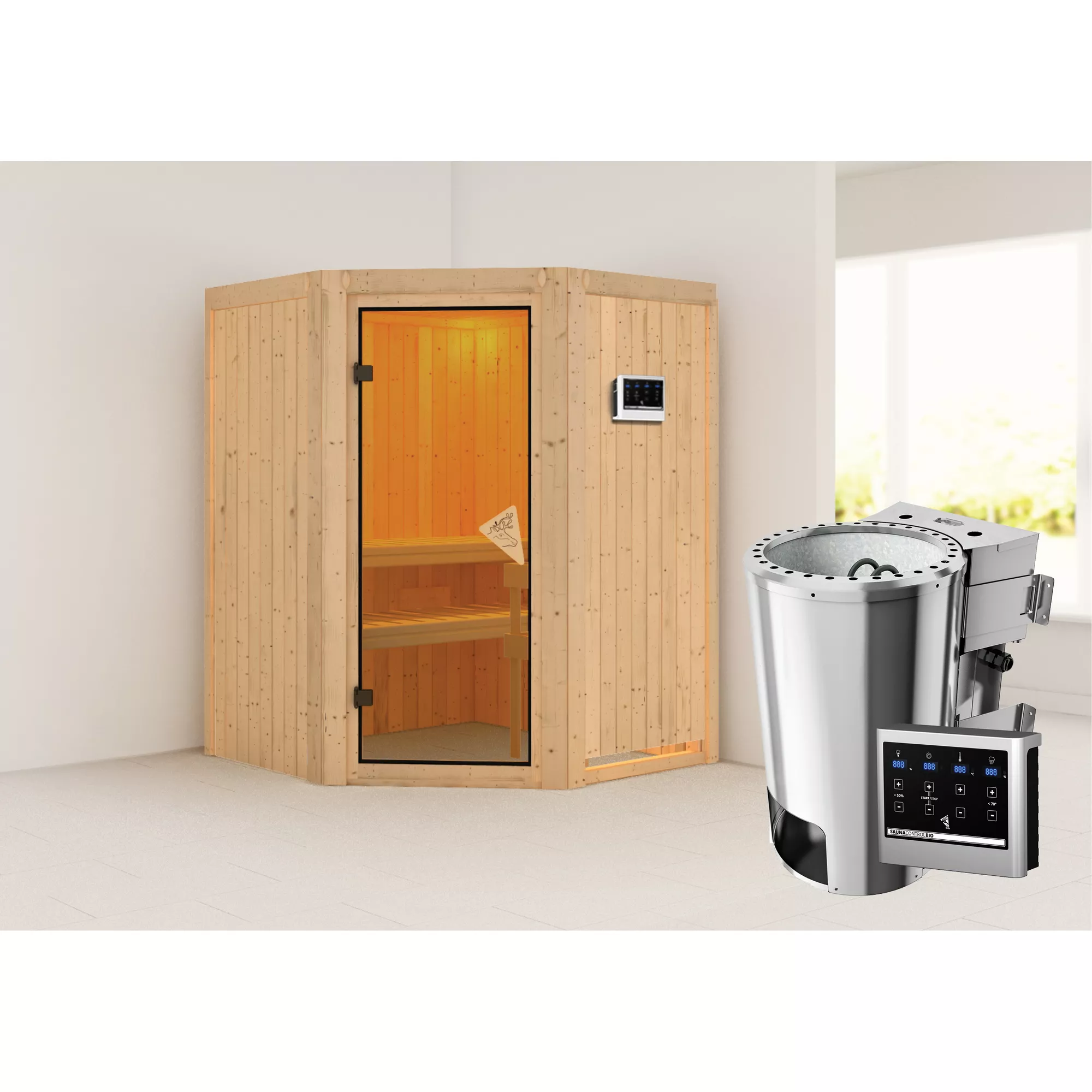 Bild von Karibu Elementsauna 'Valeria' naturbelassen mit bronzierter Tür mit 3,6 kW Bio-Ofen externe Steuerung Easy 151 x 151 x 198 cm