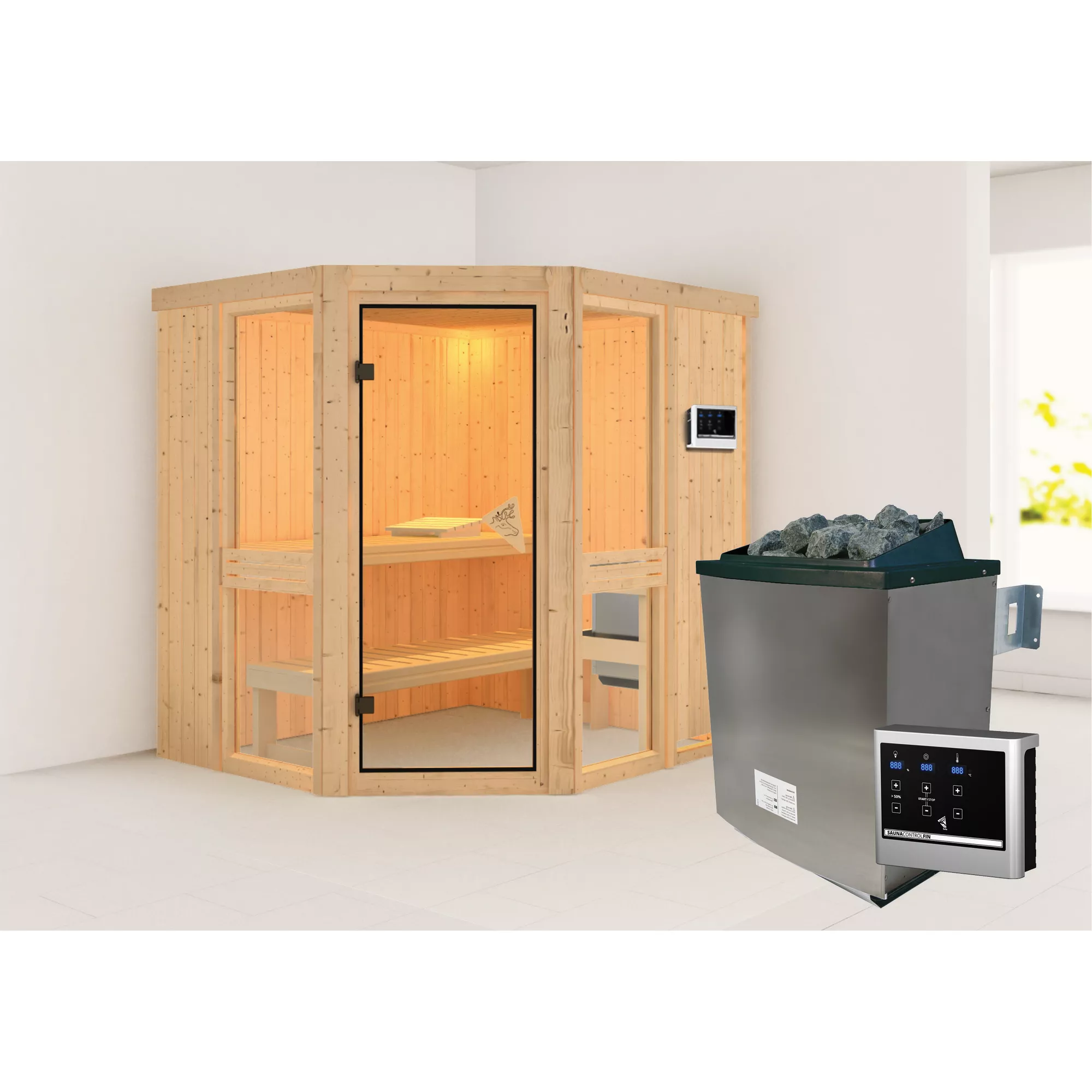 Bild von Karibu Elementsauna 'Ana 1' naturbelassen mit bronzierter Tür 9 kW Ofen Edelstahl externe Steuerung Easy 196 x 170 x 198 cm