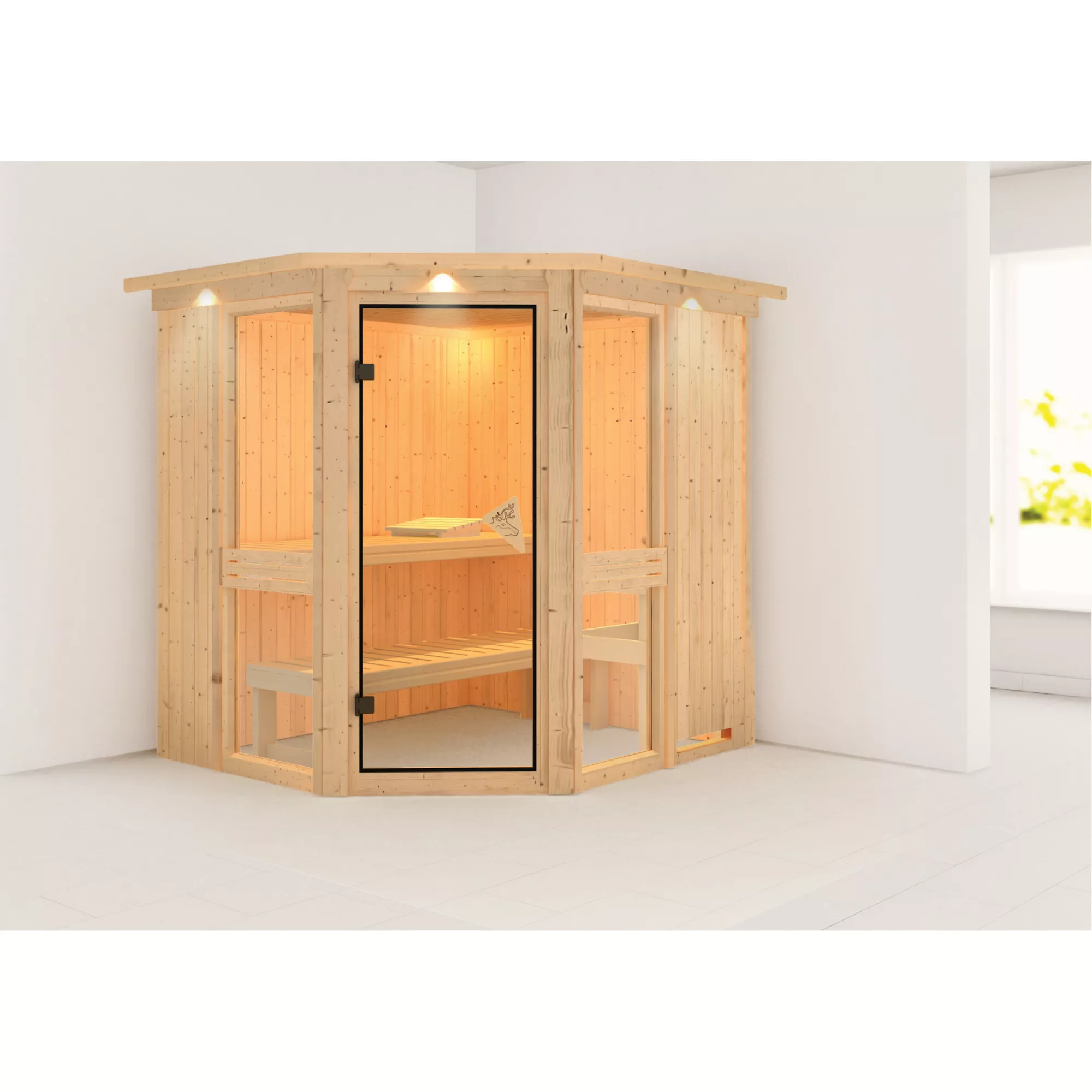 Bild von Karibu Elementsauna 'Ana 1' naturbelassen mit Kranz und bronzierter Tür 210 x 184 x 202 cm