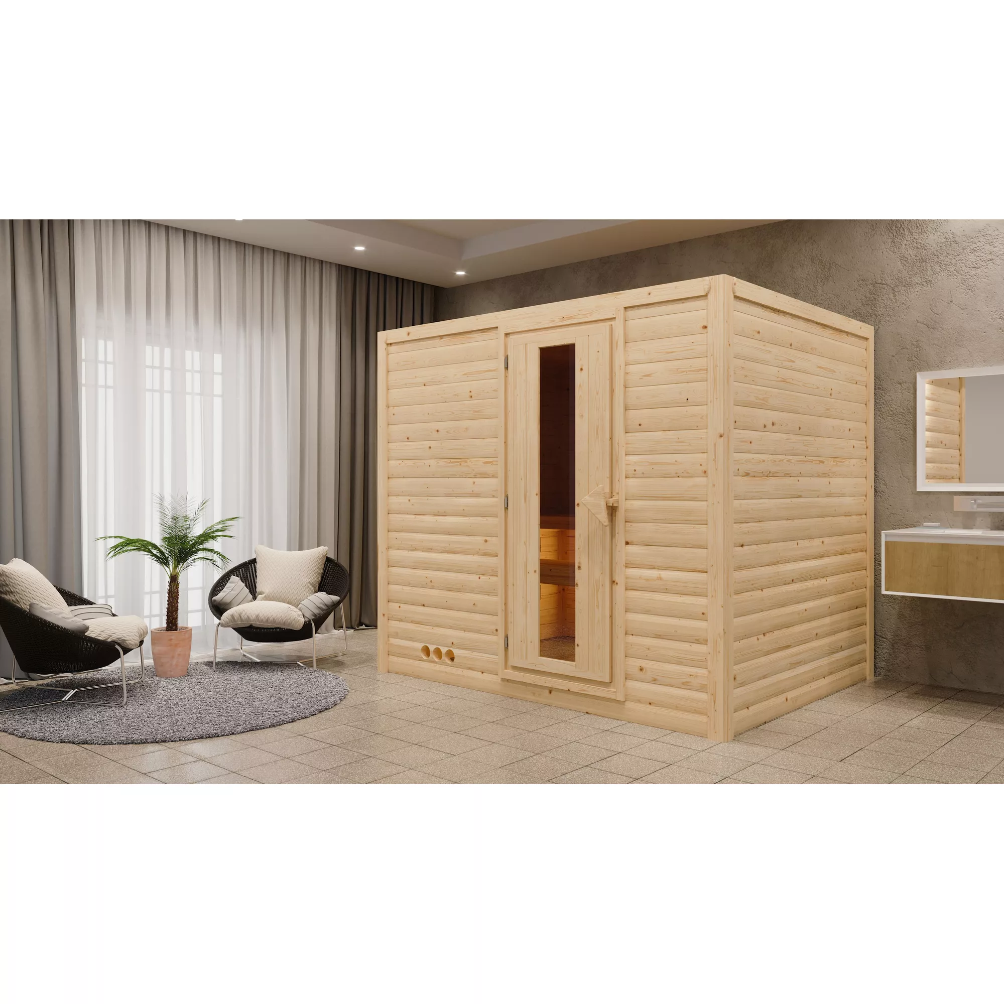 Bild von Karibu Massivholzsauna 'Lucia' naturbelassen mit Energiespartür 9 kW Ofen externe Steuerung Easy 231 x 196 x 200 cm