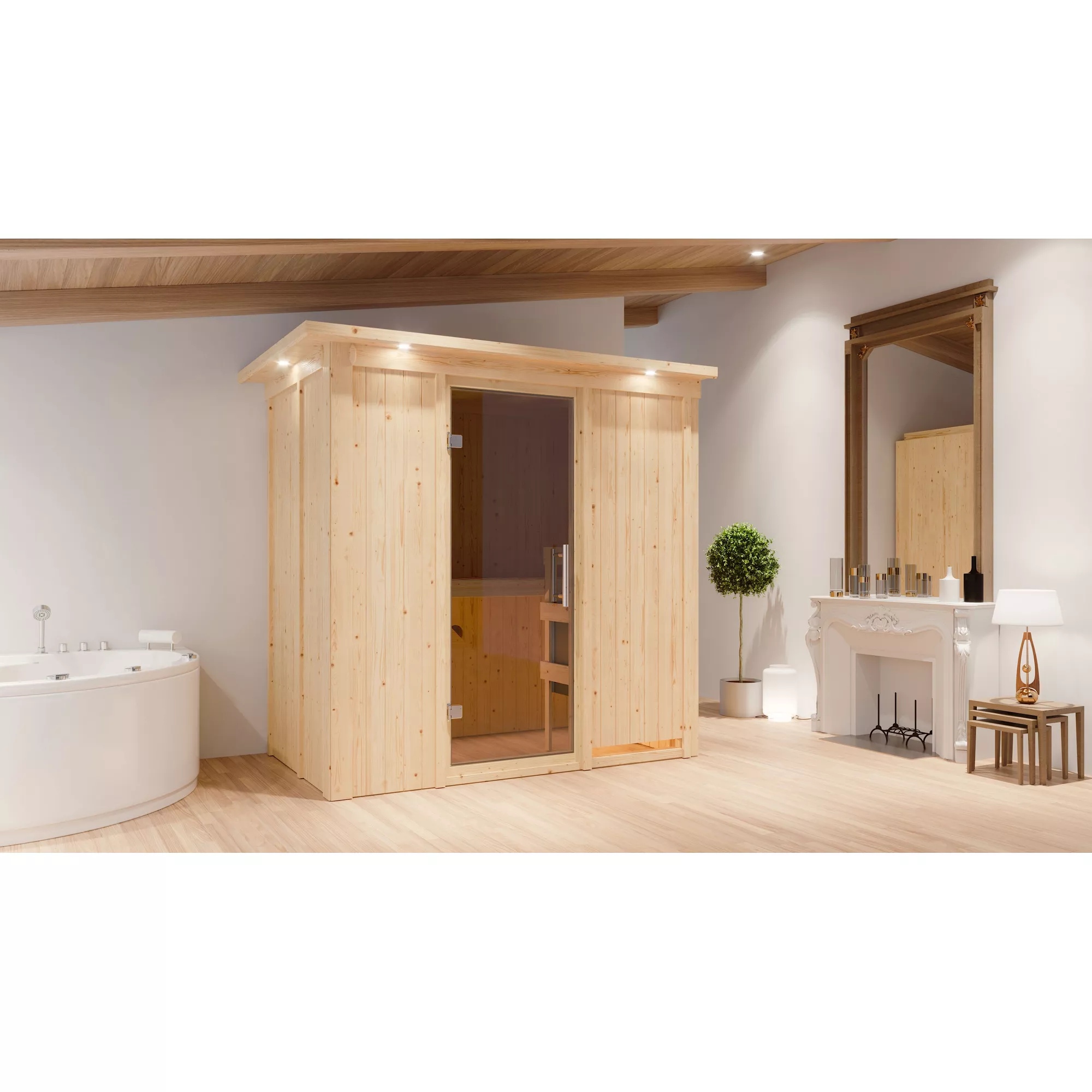 Bild von Karibu Elementsauna 'Aina' naturbelassen mit Kranz und graphitfarbener Tür 9 kW Bio-Ofen externe Steuerung Easy 210 x 132 x 202 cm