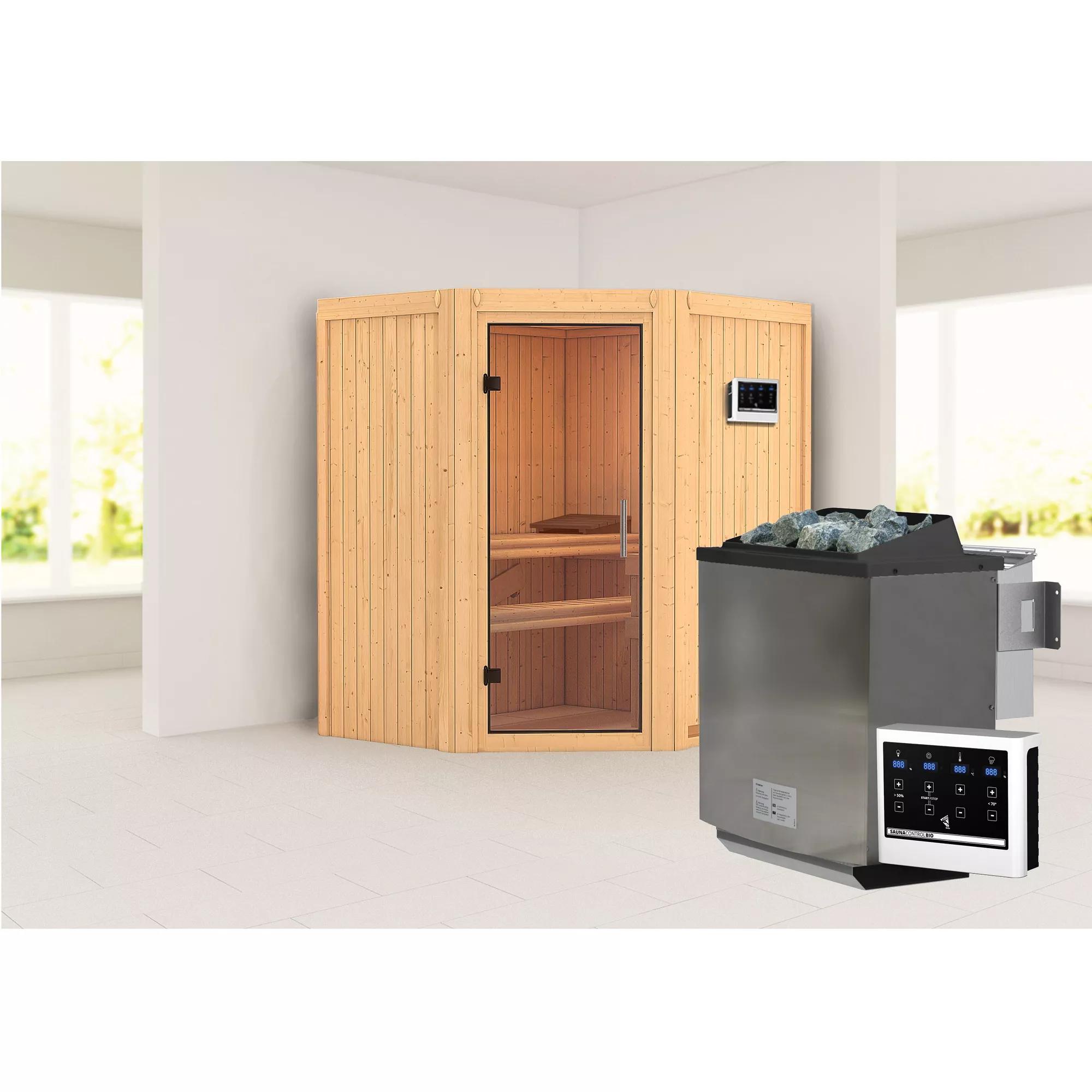 Bild von Karibu Elementsauna 'Adriana' naturbelassen mit Klarglastür 9 kW Bio-Ofen externe Steuerung easy 170 x 151 x 198 cm