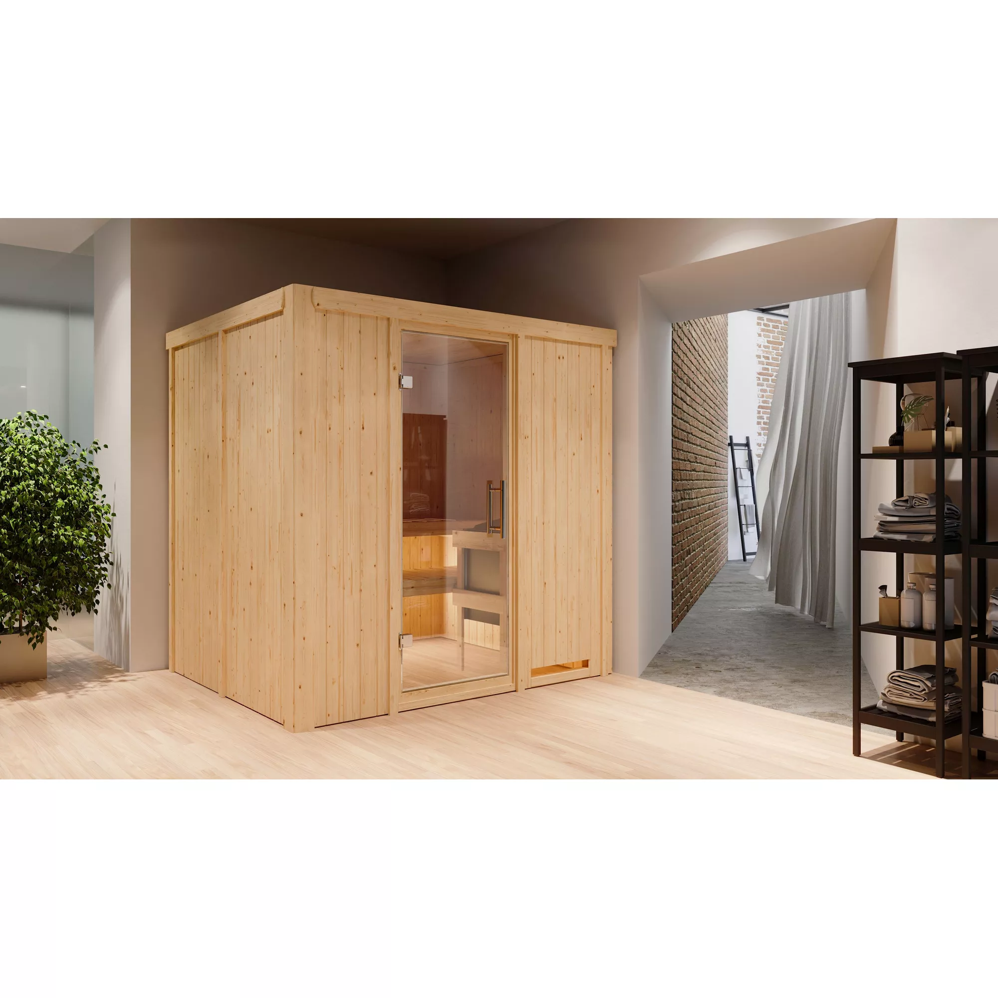 Bild von Karibu Elementsauna 'Alejandra' naturbelassen mit Klarglastür 9 kW Bio-Ofen externe Steuerung easy 196 x 170 x 198 cm