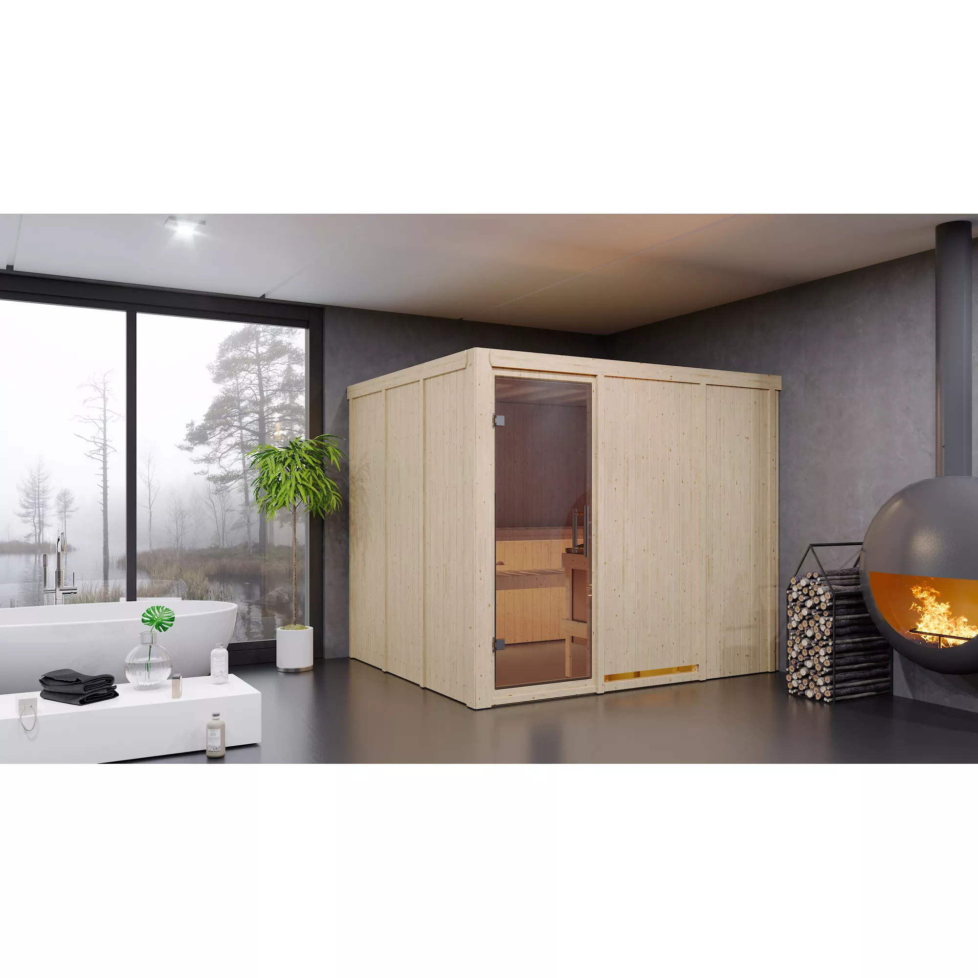 Bild von Karibu Elementsauna 'Alisa' naturbelassen mit Klarglastür 9 kW Ofen externe Steuerung easy 231 x 196 x 198 cm