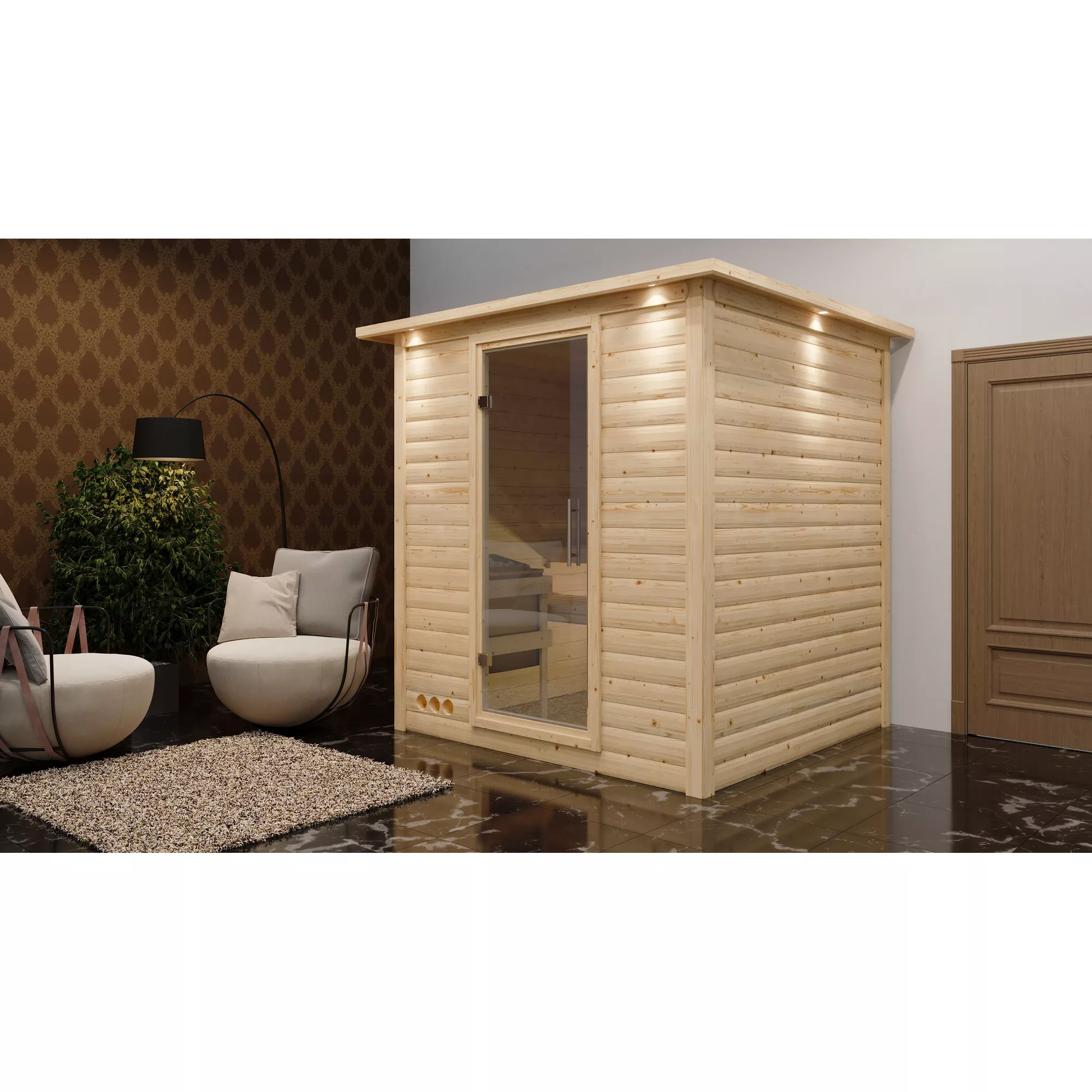 Bild von Karibu Massivholzsauna 'Luna' naturbelassen mit Kranz und Klarglastür 9 kW Ofen externe Steuerung easy 224 x 210 x 206 cm