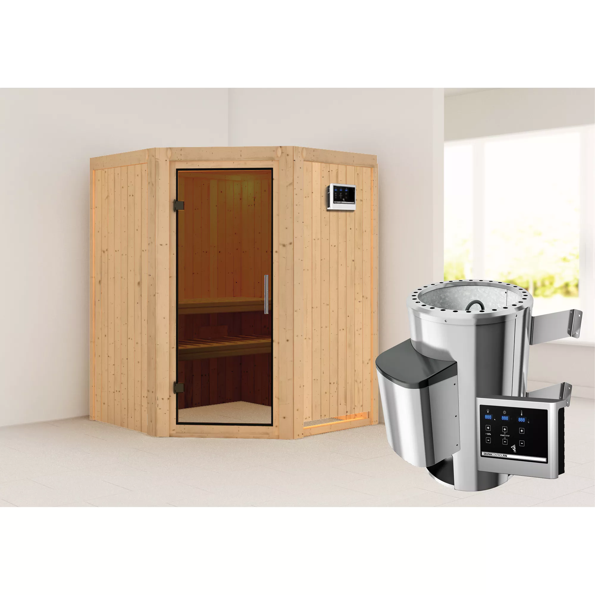 Bild von Karibu Elementsauna 'Valeria' naturbelassen mit graphitfarbener Tür 3,6 kW Ofen externe Steuerung Easy 151 x 151 x 198 cm