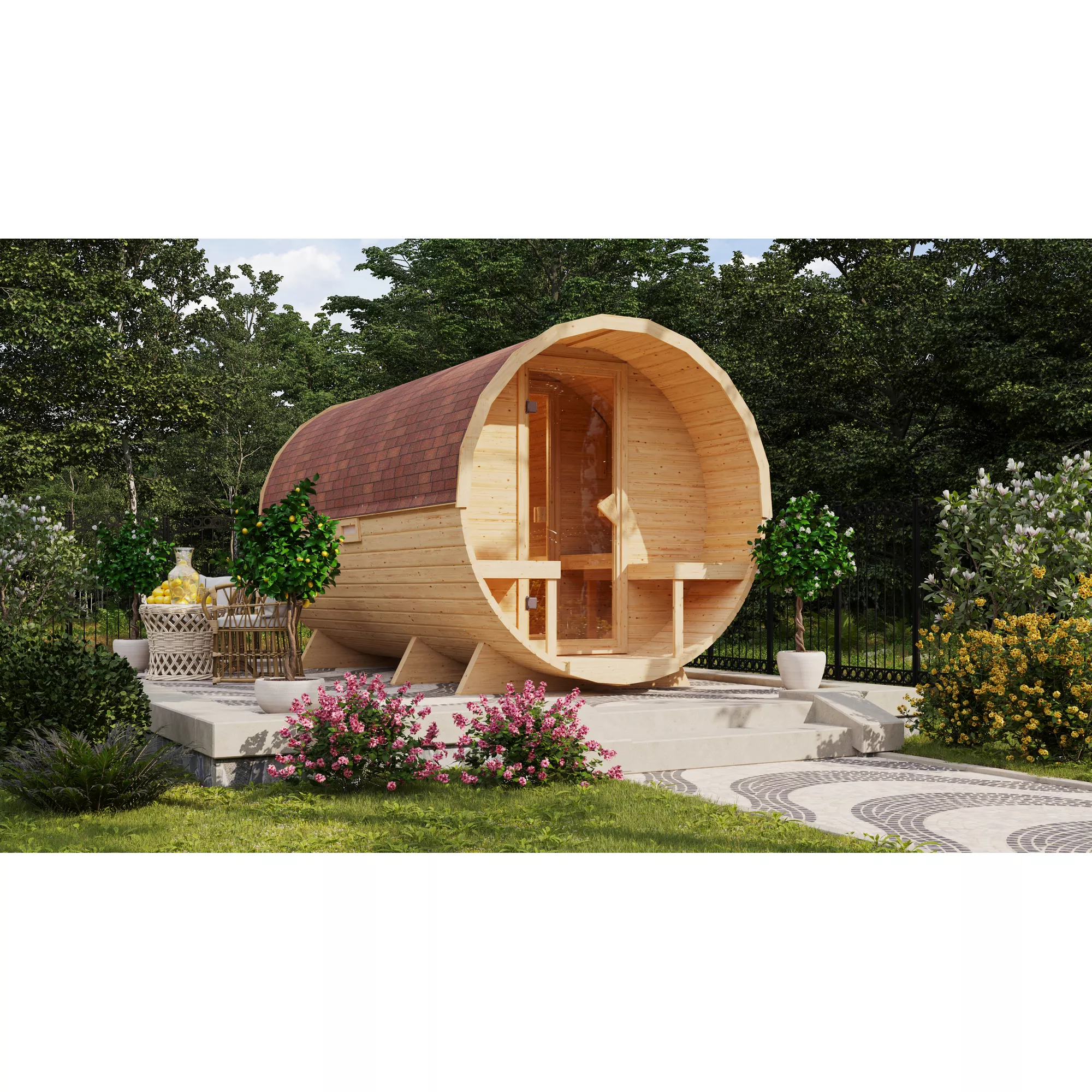Bild von Karibu Fasssauna Größe 3 naturbelassen 9 kW Ofen externe Steuerung 225 x 385 x 229 cm