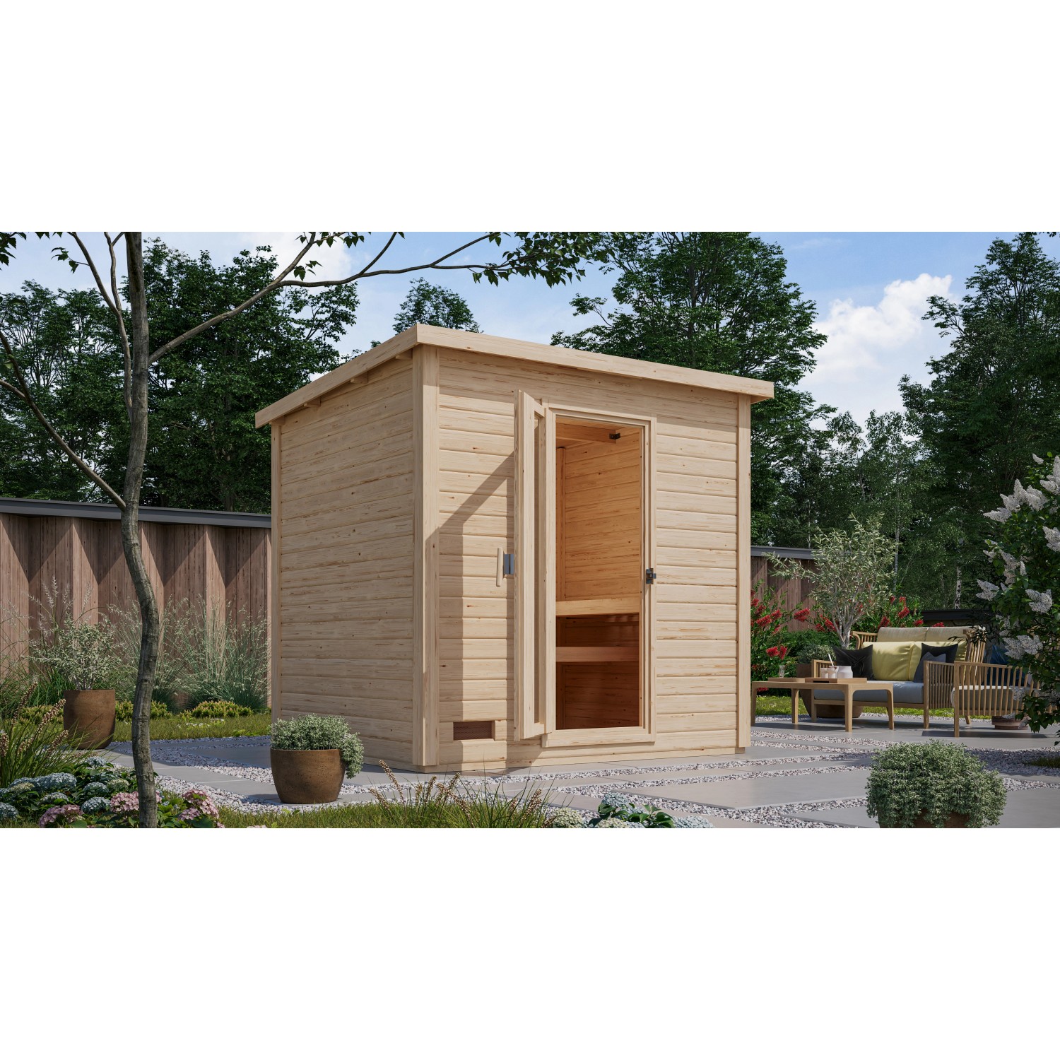 Bild von Karibu Saunahaus Arvi 3 Set mit Ofen 9 kW Integrierte Steuerung Naturbelassen