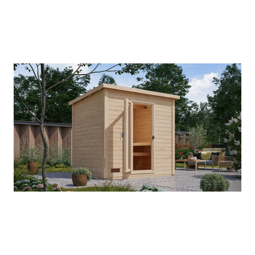 Bild von Karibu Saunahaus Arvi 3 Set mit Ofen 9 kW Externe Steuerung Naturbelassen
