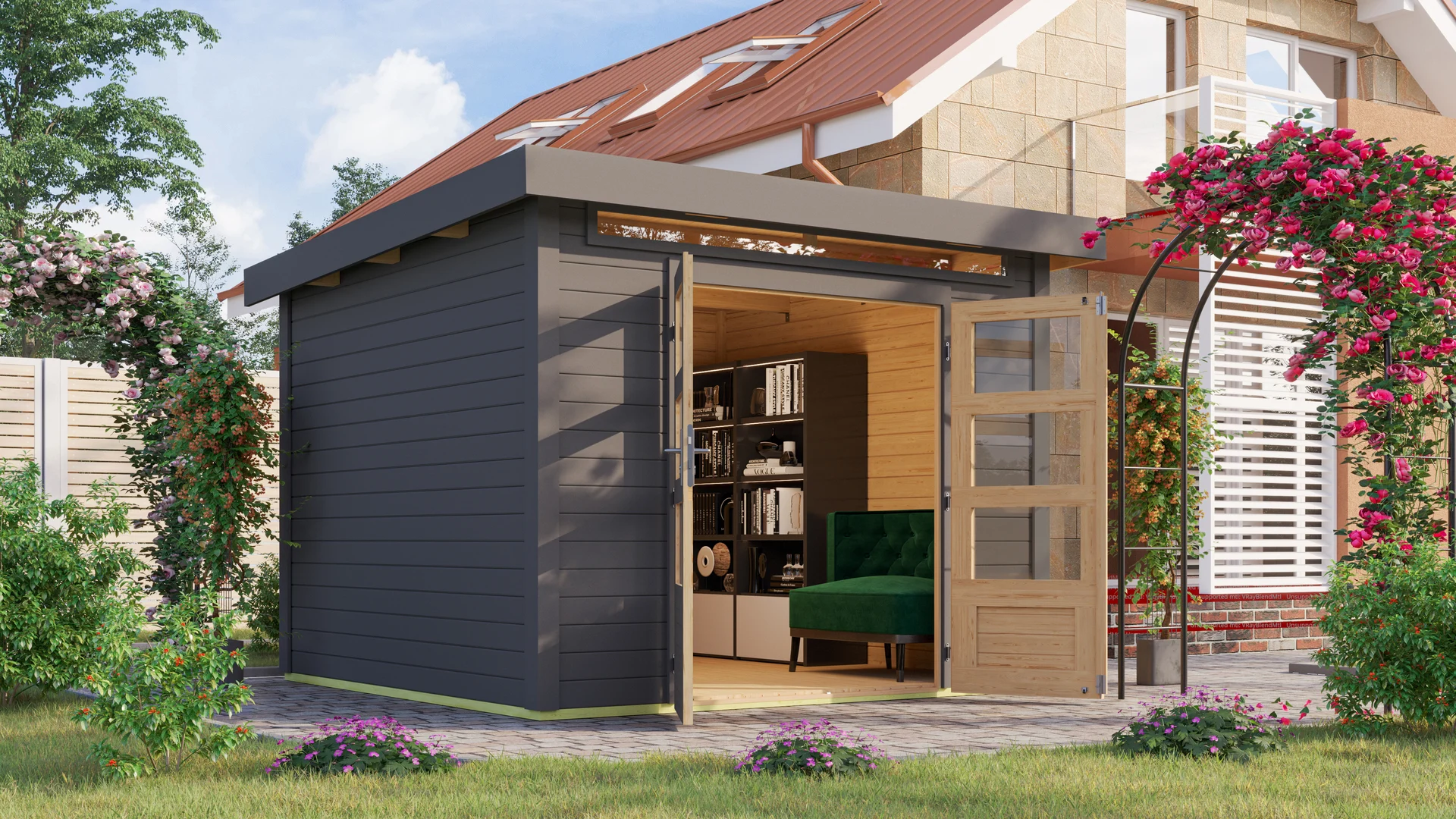 Bild von Gartenhaus Kulpin 6, 2,74x2,74x2,34m, inkl. Tür rundum, terragrau