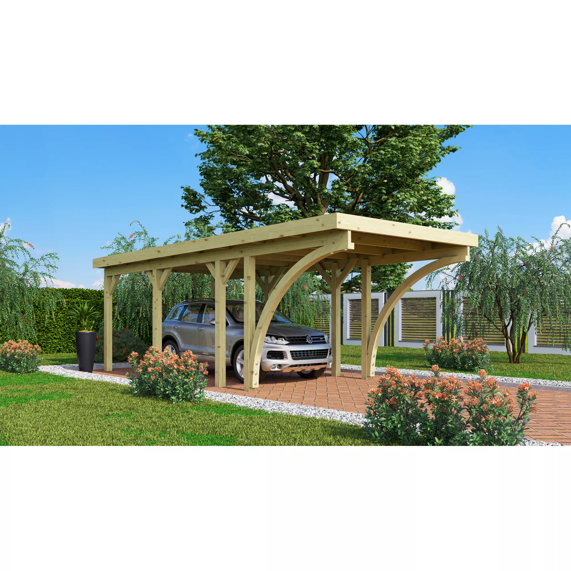 Bild von Karibu Einzelcarport 'Carlos 2' Kiefer PVC-Dach mit zwei Einfahrtsbögen 670 x 318 x 234 cm