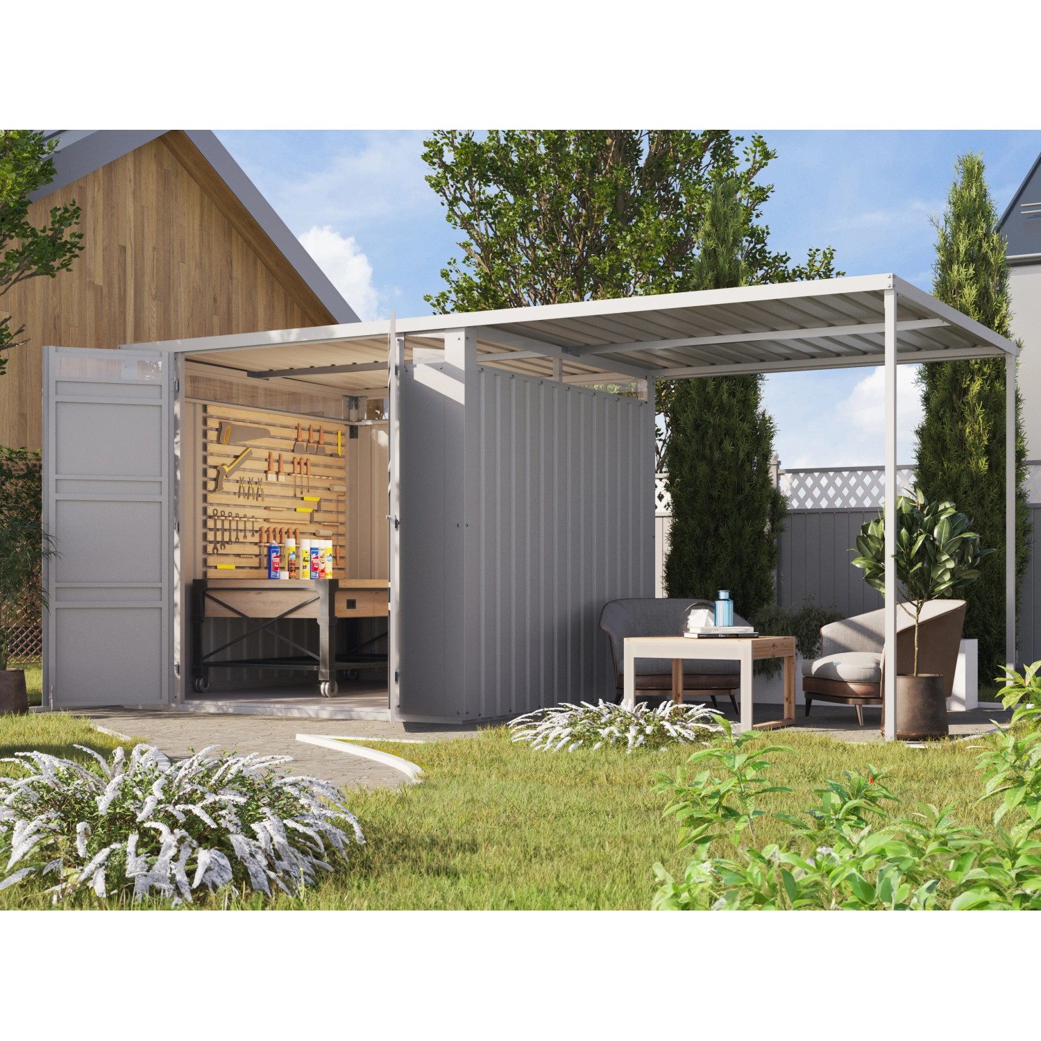 Bild von Karibu Gartenhaus Set Mateo 2 Staubgrau mit Anbaudach 225 m 5,37 m²