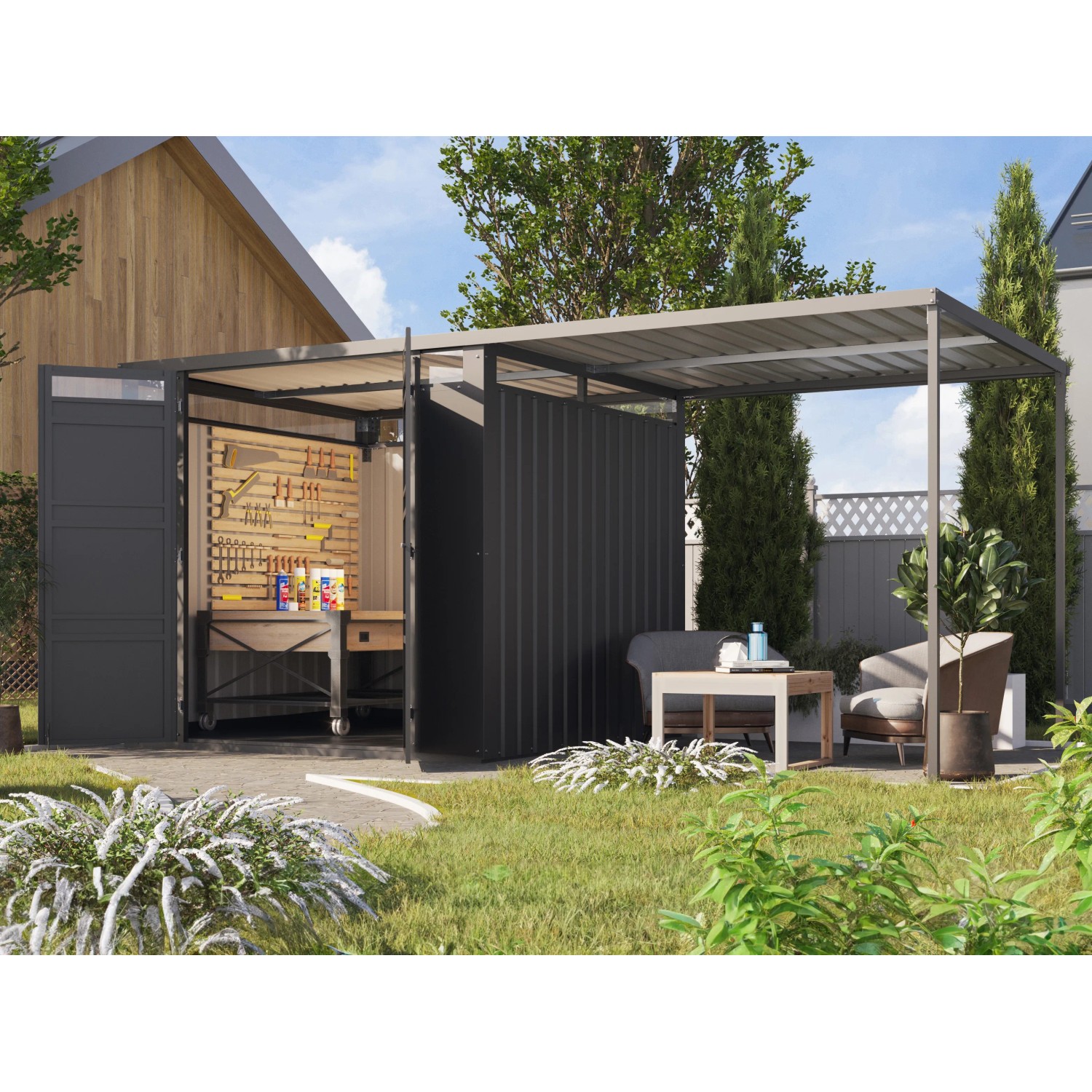 Bild von Karibu Gartenhaus Set Mateo 2 Anthrazit mit Anbaudach 225 m 5,37 m²