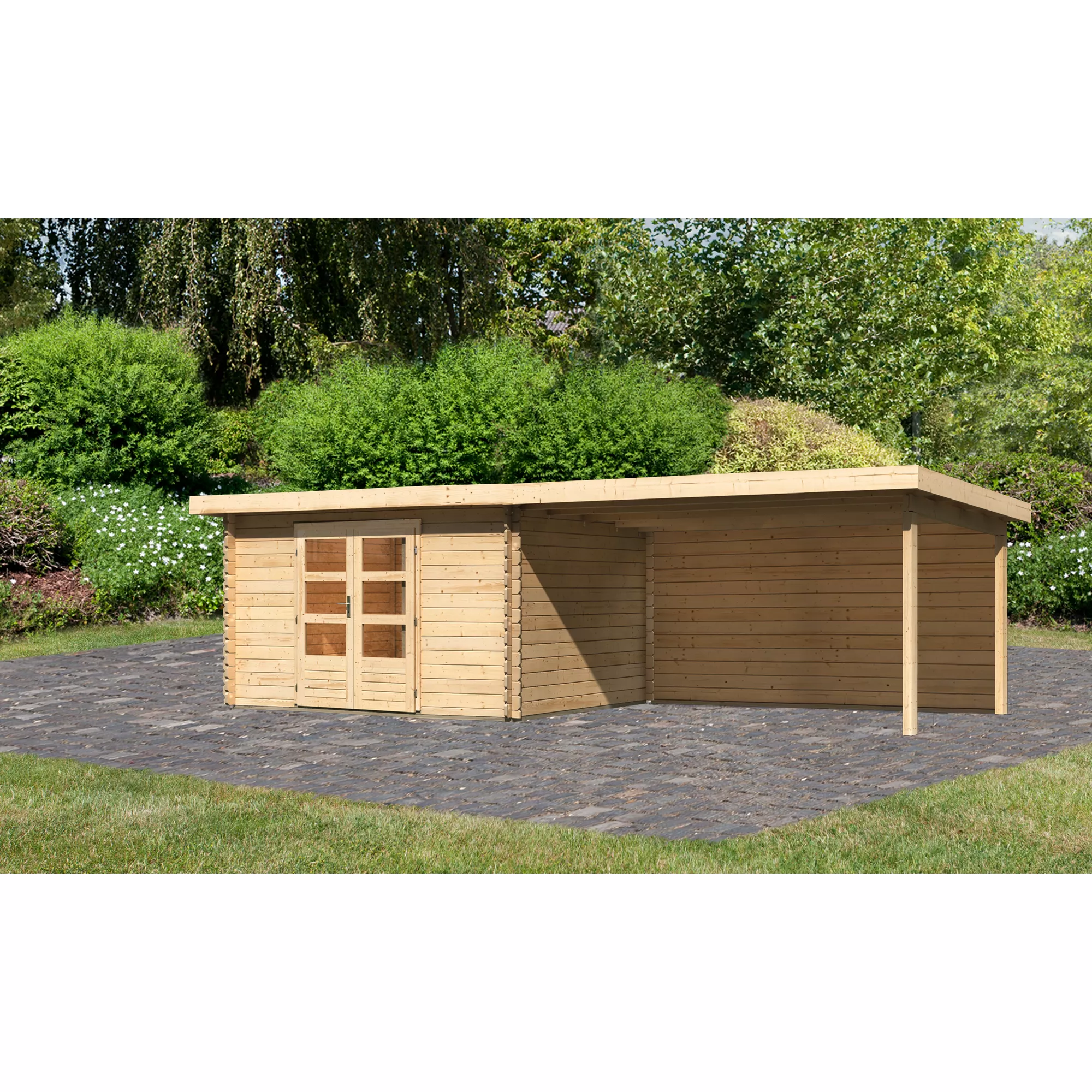 Bild von Karibu Gartenhaus-Set 'Kastrup 7' naturbelassen mit Anbaudach und Rückwand 774 x 222 x 333 cm
