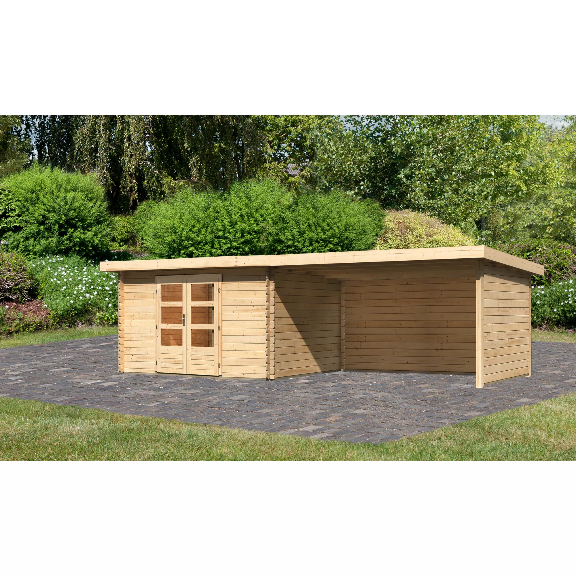 Bild von Karibu Gartenhaus-Set 'Kastrup 7' naturbelassen mit Anbaudach, Seiten- und Rückwand 774 x 222 x 333 cm