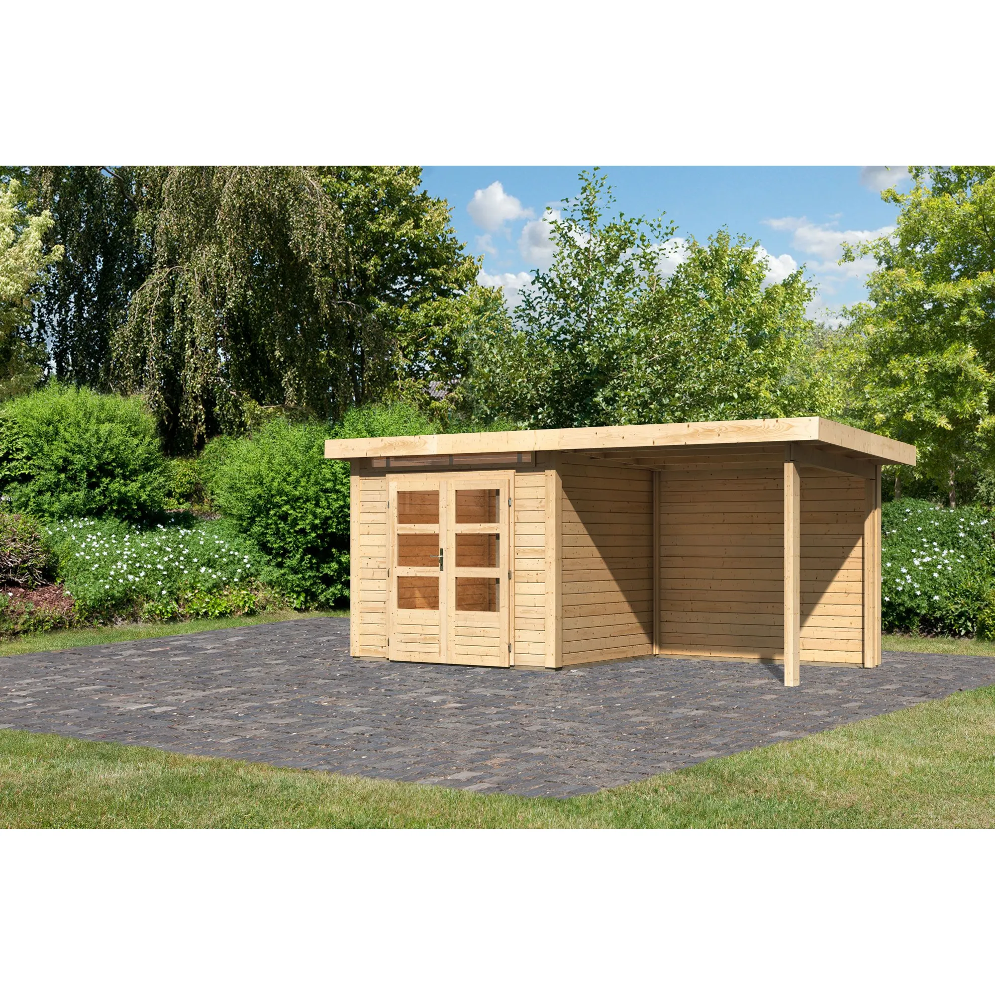 Bild von Karibu Gartenhaus-Set 'Landern 2' naturbelassen mit Anbaudach und Rückwand 492 x 222 x 232 cm