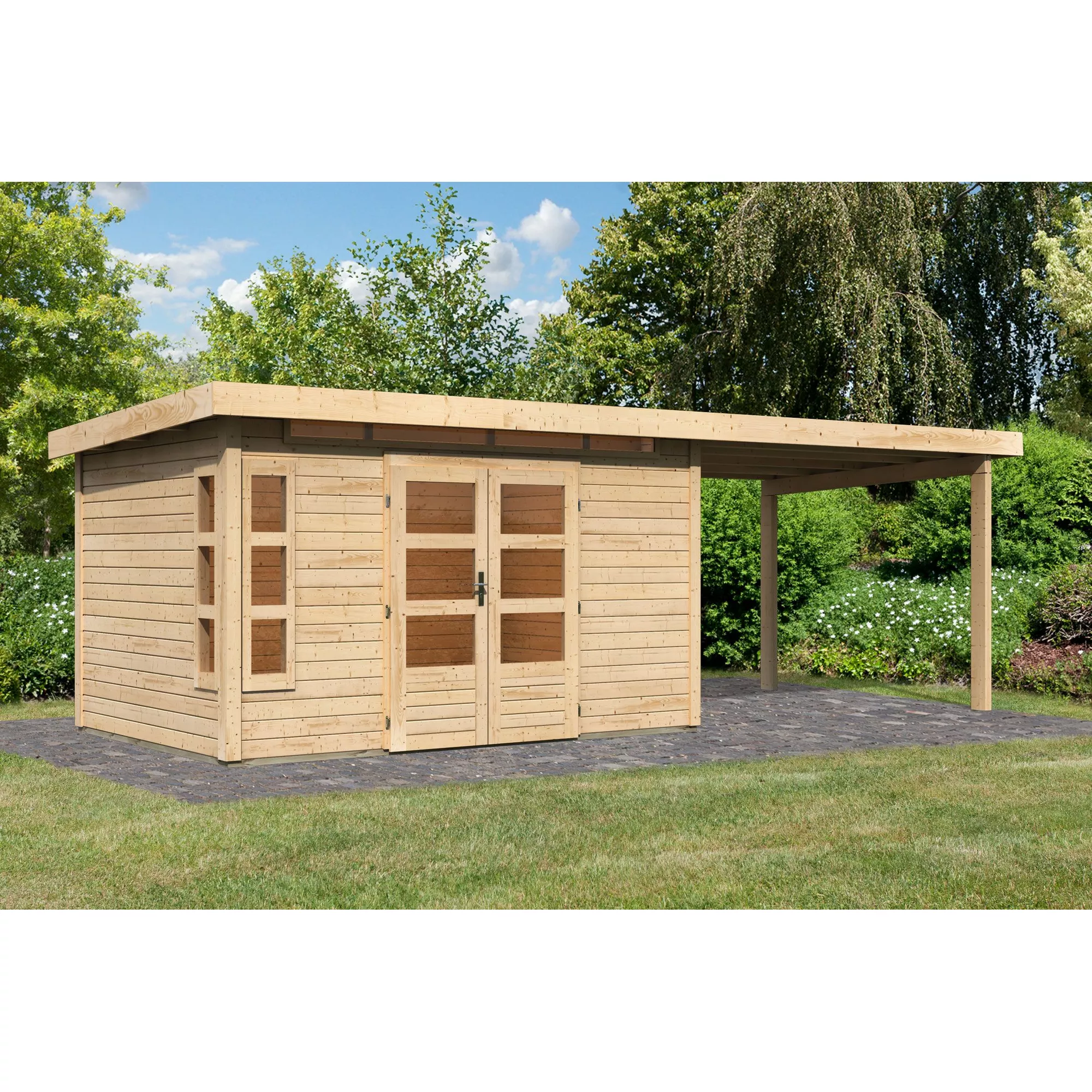 Bild von Karibu Gartenhaus-Set 'Mastorf 7' naturbelassen mit Anbaudach 702 x 222 x 273 cm