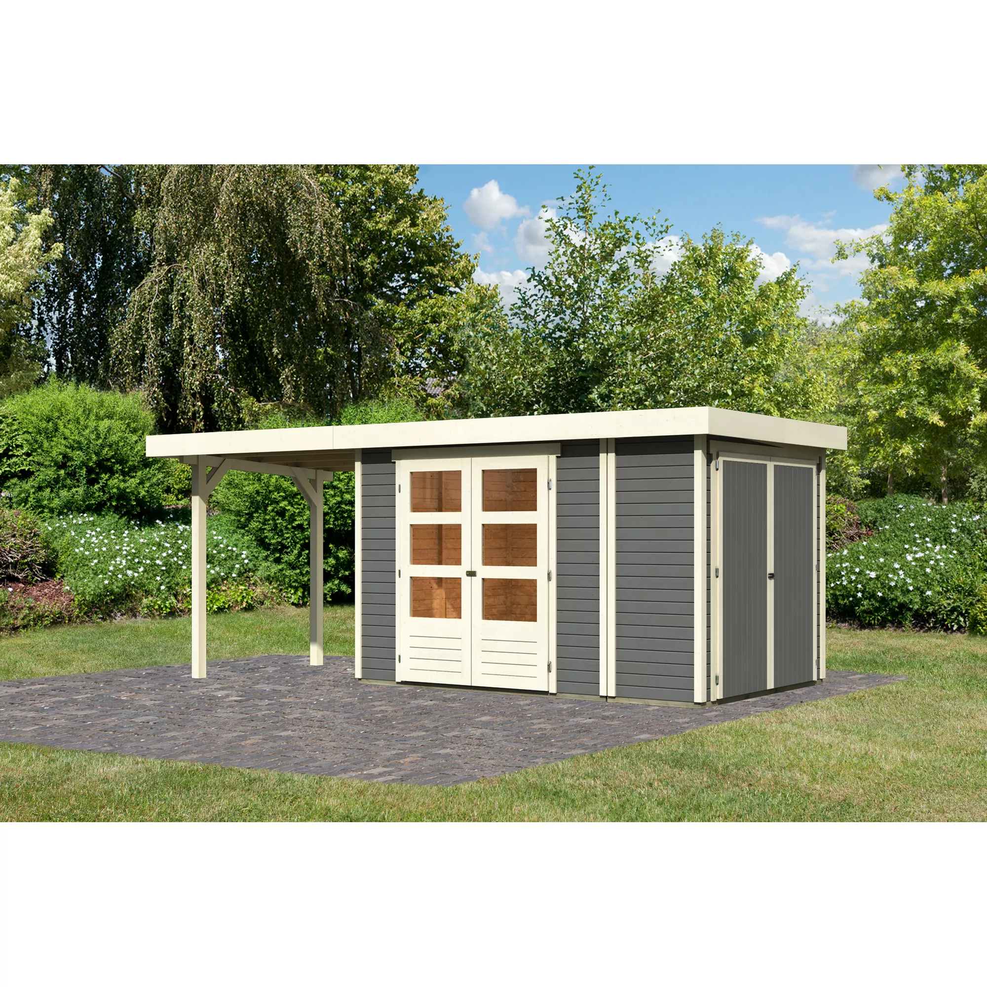 Bild von Karibu Gartenhaus-Set 'Betola 3' terragrau mit Anbauschrank und Schleppdach 566 x 211 x 238 cm