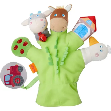 Bild von HABA 304933 - Spielhandschuh Bauernhof, weiche Fingerpuppen mit Bauernhofmotiven und Traktor zum Abnehmen, Baby-Spielzeug ab 18 Monaten