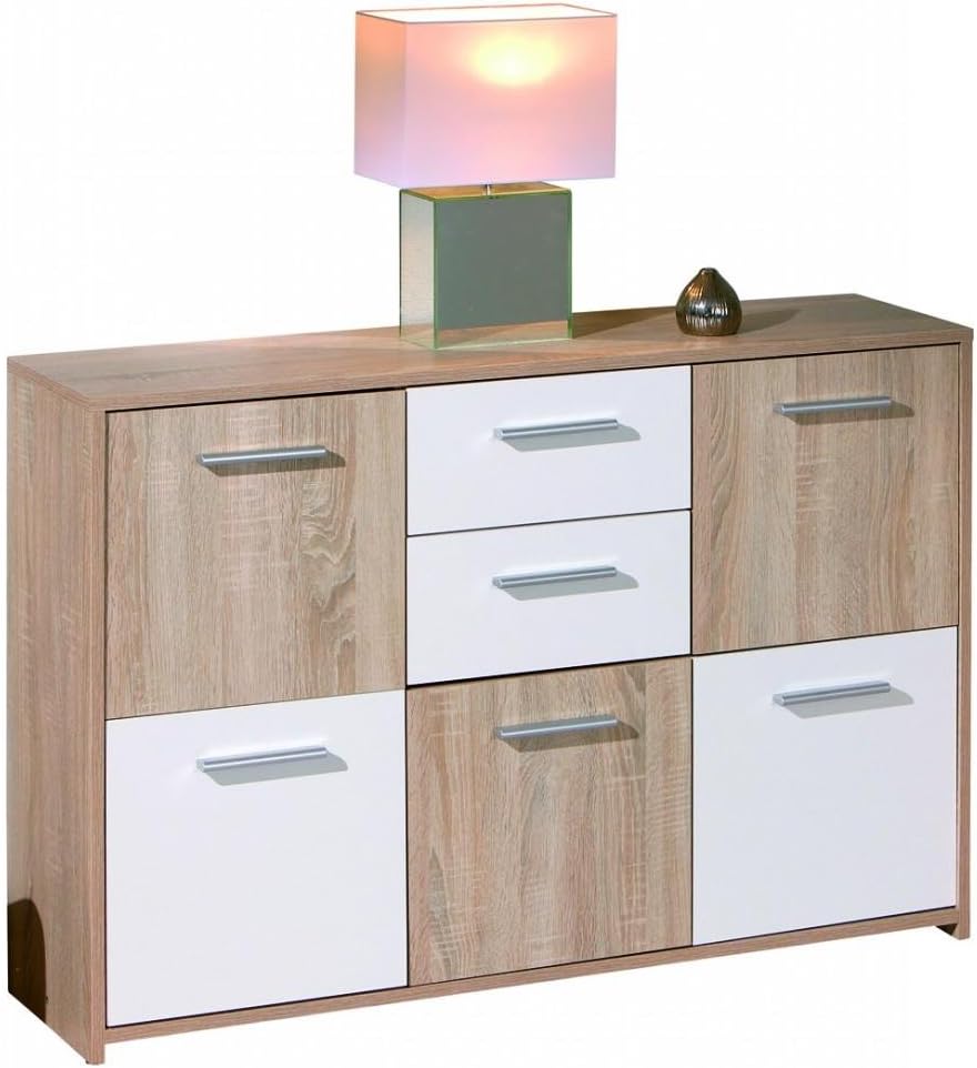 Bild von Inter Link – Kommode – Sideboard - Kommode mit 3 Türen und 2 Schubladen – 2 Farbig – Melaminbeschichtet – Sonoma Eiche Nachbildung und Weiß – BxTxH: 77x30x77 cm – Eboli