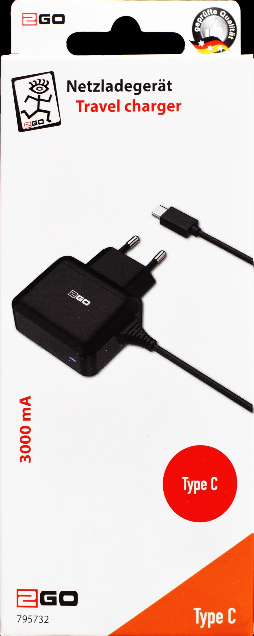 Bild von 2GO Ladegerät für USB C 3A,schwarz mit fixem Kabel, USB Ladegerät, Schwarz