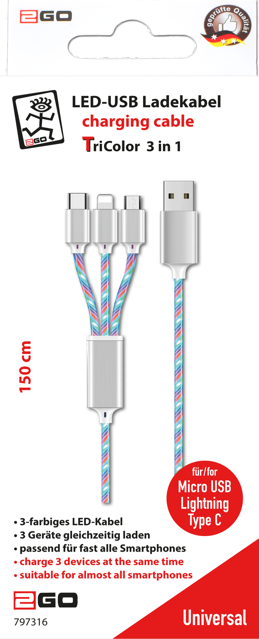 Bild von 1.50m 2GO USB Datenkabel 3in1 USB A Stecker auf USB C + USB mikroB + Lightning Stecker Satz mit mehreren Farben LED