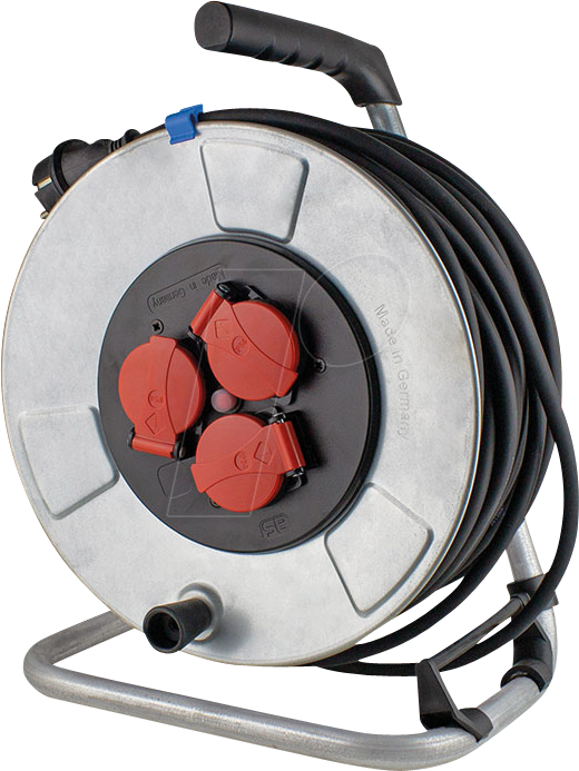 Bild von as - Schwabe Metallkabeltrommel, 50 m H05RR-F 3G1,5 Leitung 230V / 16A, mit 3 roten Schutzkontaktsteckdosen inkl. Klappdeckel & Thermoschutzschalter, IP44, Made in Germany, Silber, 10316