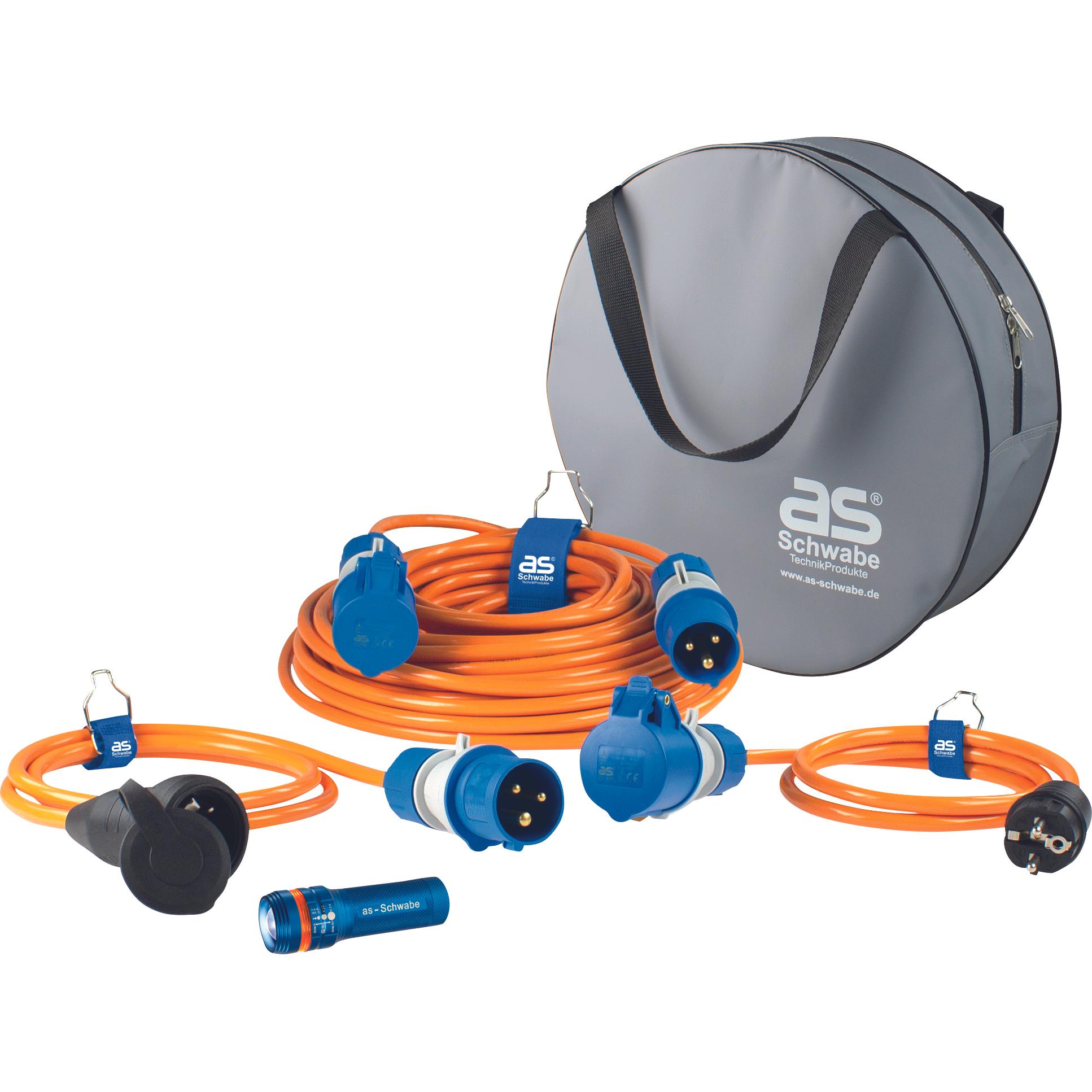 Bild von as - Schwabe Camping Set 5-teilig - 25 m CEE Camping Verlängerungsleitung mit CEE Stecker und CEE Kupplung - Kabelschutztasche - 2 x je 1,5 m Camping Adapterleitung - LED Taschenlampe 100 Lumen, 19706