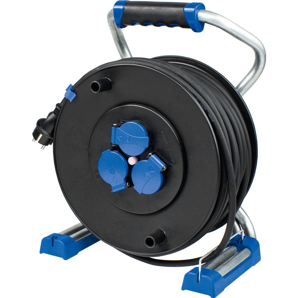 Bild von as - Schwabe Xperts Doppelrohr Profi-Kabeltrommel 33 m H07RN-F 3G2,5, 230V / 16A, 3 Schutzkontaktsteckdosen mit Klappdeckel, USB Port, Spannungsanzeige, IP44, Made in Germany, Schwarz, 22623