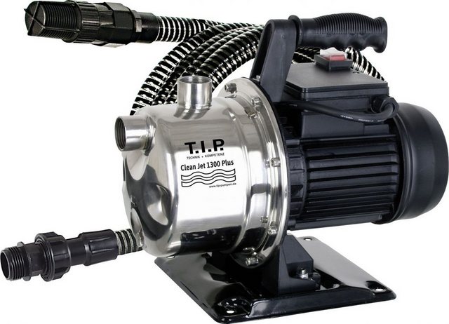 Bild von T.I.P. Gartenpumpe Edelstahl mit 4 m Ansauggarnitur (4.400l/h Fördermenge, 50m Förderhöhe, 5,0bar Druck, 1.200W, Jet-Hydrauliksystem, thermischer Überlastschutz, Tragegriff) Clean Jet 1300 Plus, 30087