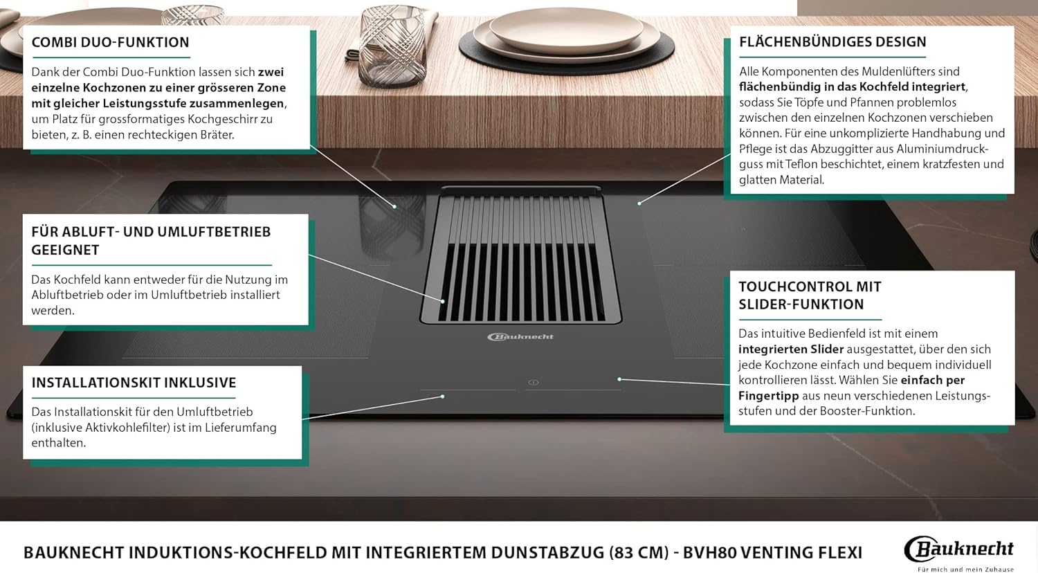 Bild von Bauknecht BVH80 Venting Flexi Induktions-Kochfeld mit integriertem Dunstabzug / 83 cm/Booster-Funktion/Kindersicherung/CombiDuo/Restwärmeanzeige/Flächenbündiges Design/Touch-Control