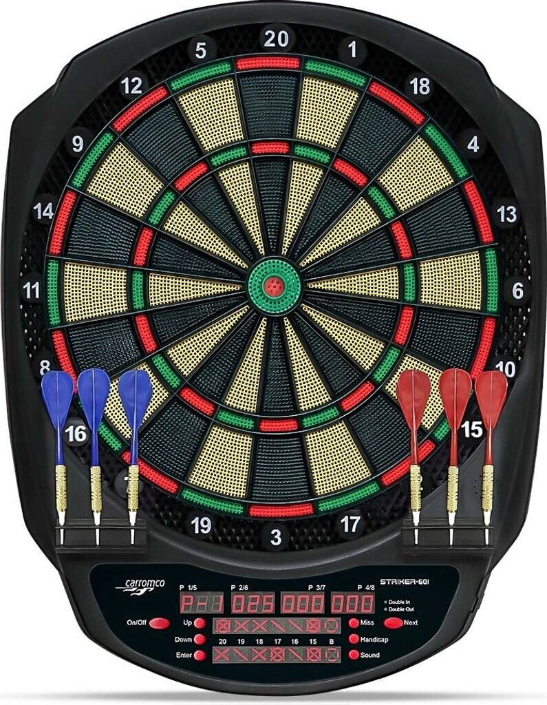 Bild von Carromco Dartscheibe elektronisch, 3-Loch, STRIKER-601, rot-grün-beige-schwarz für 1-8 Spieler mit Pfeilen und Netzteil, mit 36 Spielen/585 Variationen (inkl. Cricket)