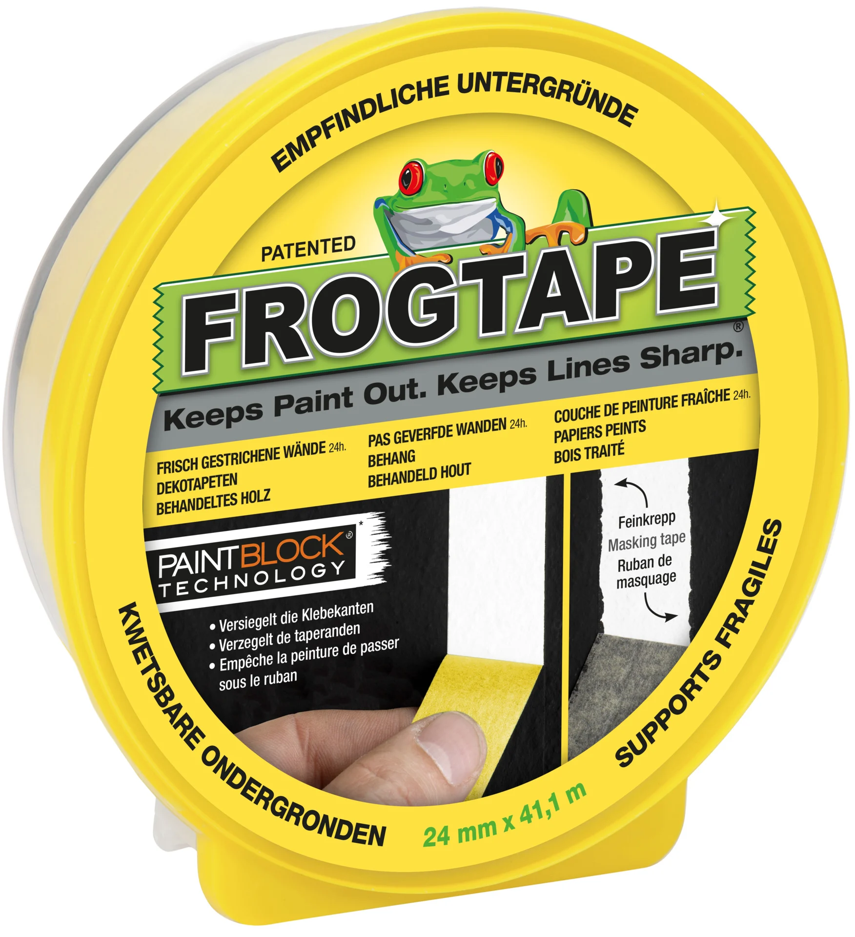 Bild von FrogTape Abklebeband Gelb 24 mm x 41 m - Malerkrepp mit Paint-Block Technologie - Kreppband für Glatte & Empfindliche Untergründe - für Saubere Kanten